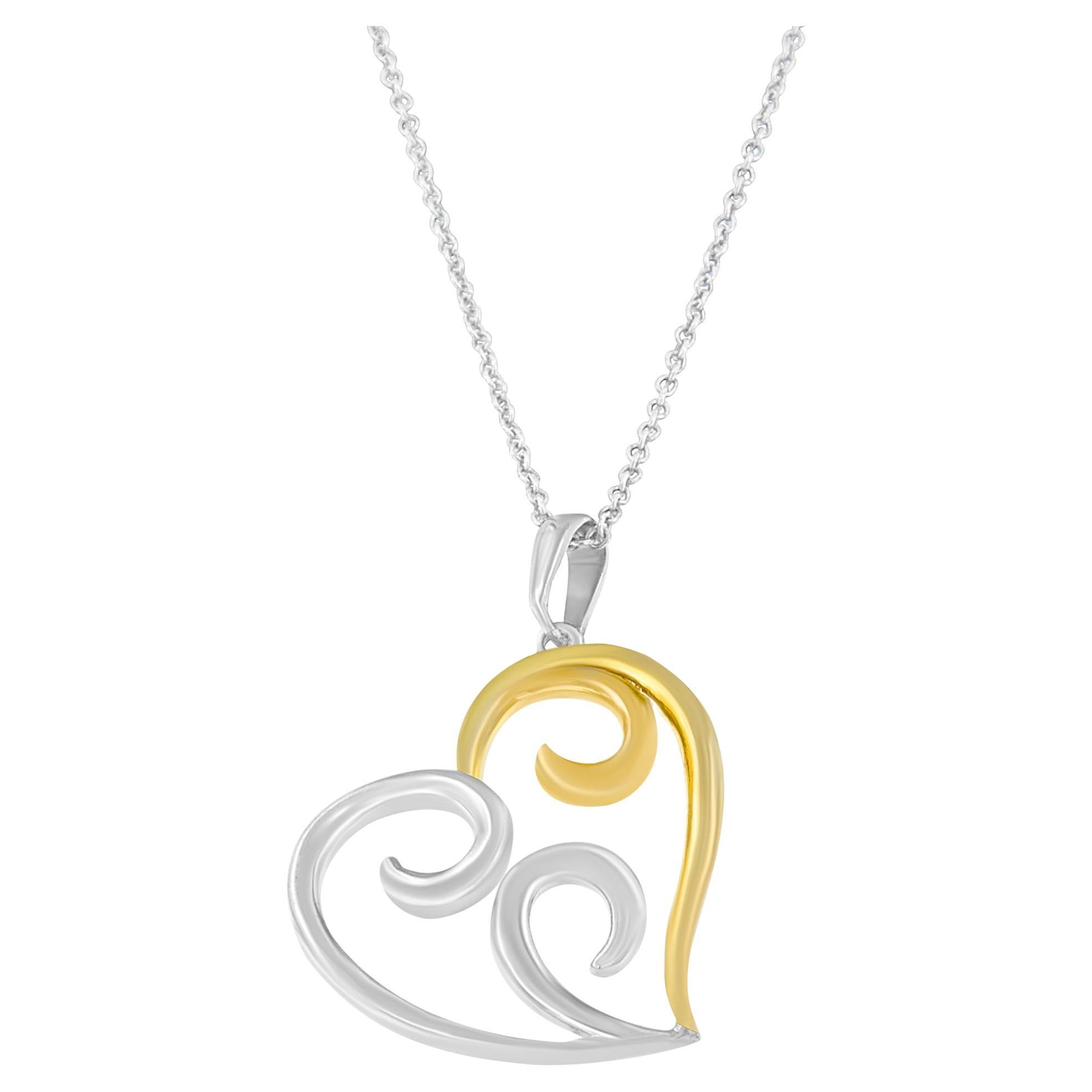 10K Yellow Gold Over Silver Open Heart with Swirls Box Chain Pendant Necklace For Sale