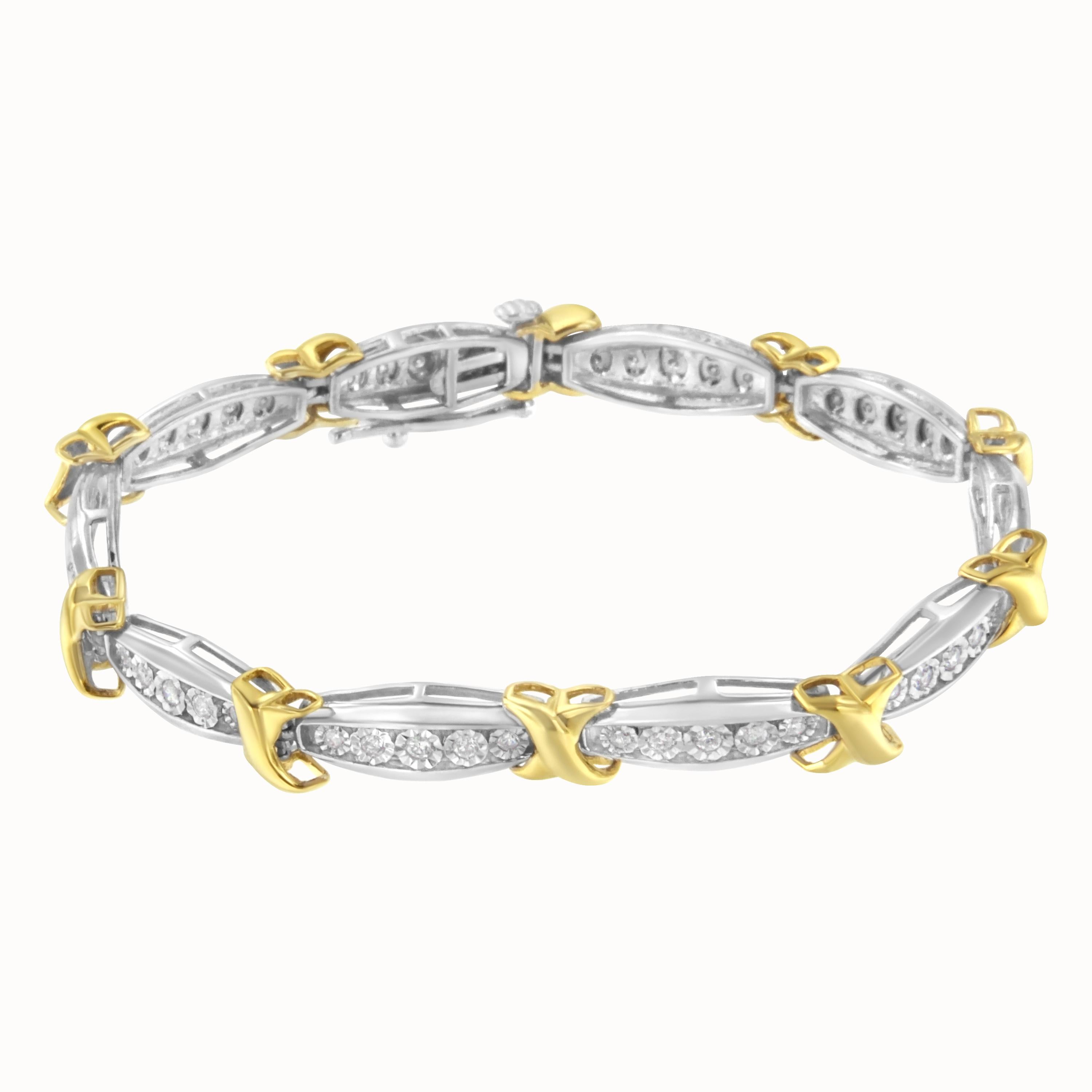 Elegant and timeless, this gorgeous 10K yellow gold coated sterling silver link bracelet features 3/4 carat total weight of round cut diamonds. The tennis bracelet features X shaped links along with an elongated oval link set with 0.75 carat total