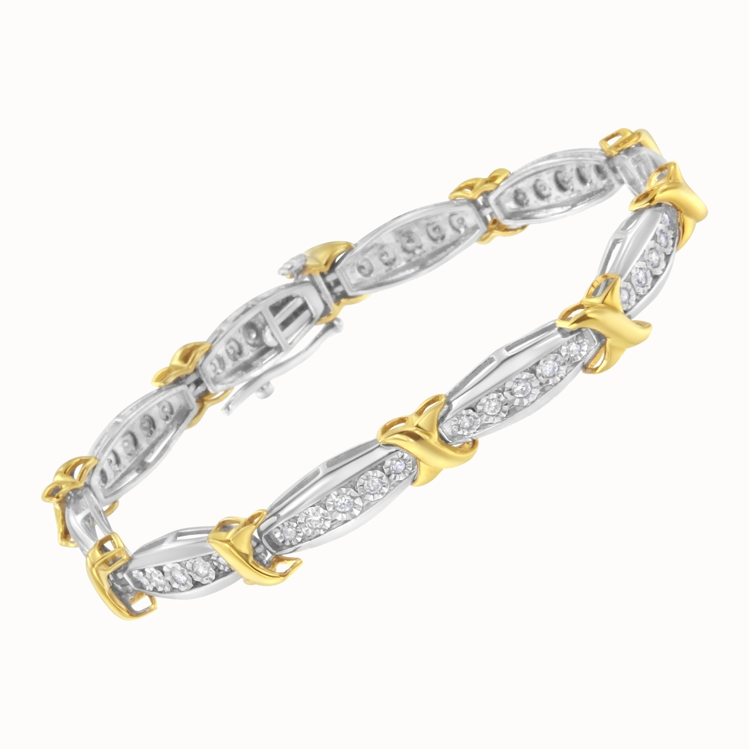 Contemporary 10K Yellow Gold Over Silver Two Tone 3/4 Cttw Diamond X & O Link Tennis Bracelet