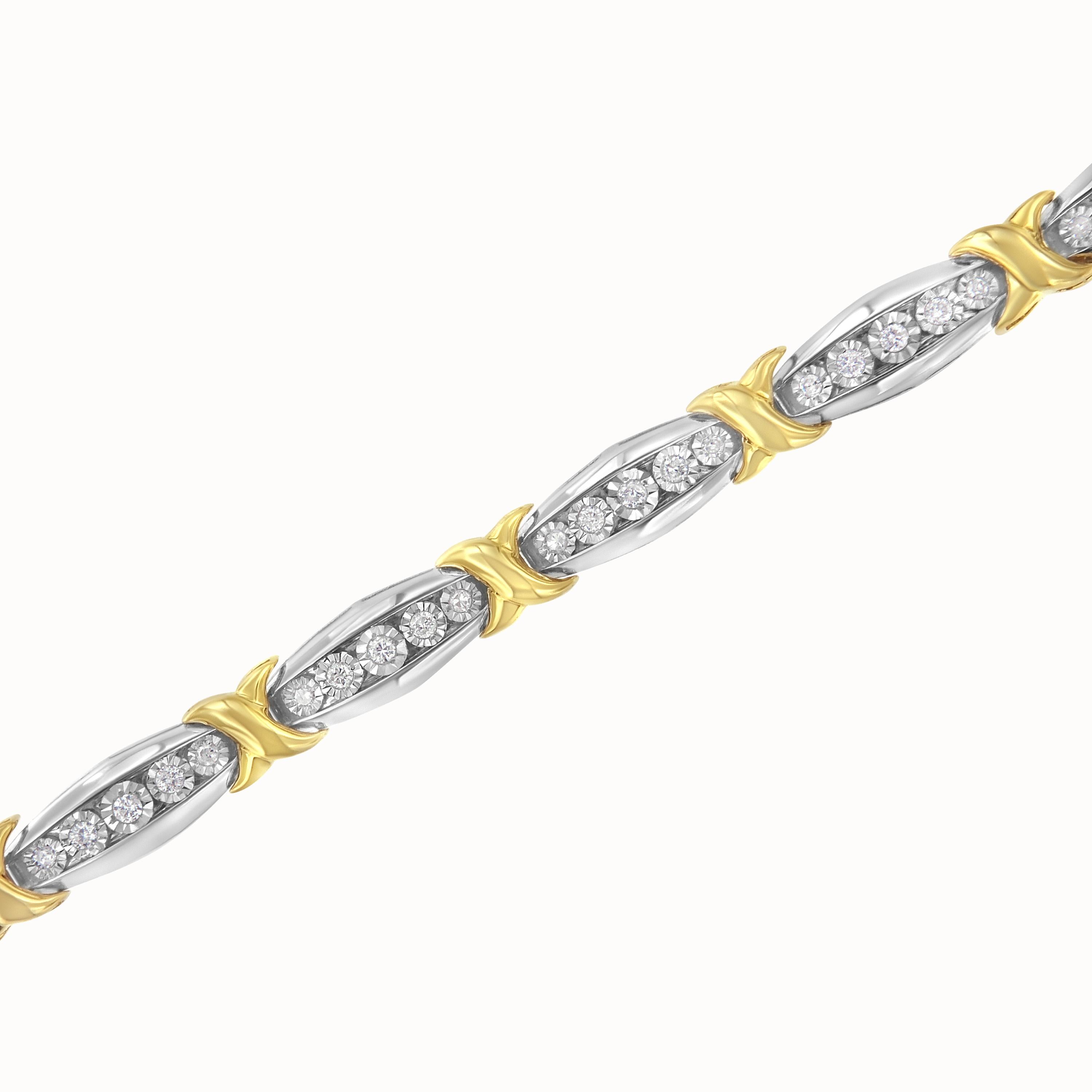 10K Gelbgold über Silber zweifarbig 3/4 Cttw Diamant X & O Glieder-Tennisarmband (Rundschliff) im Angebot