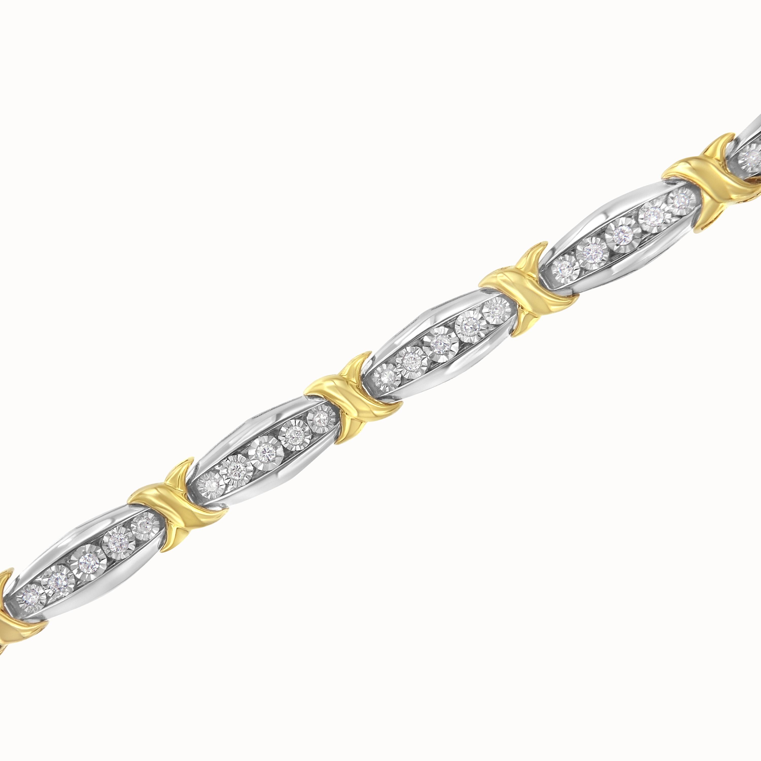 Round Cut 10K Yellow Gold Over Silver Two Tone 3/4 Cttw Diamond X & O Link Tennis Bracelet