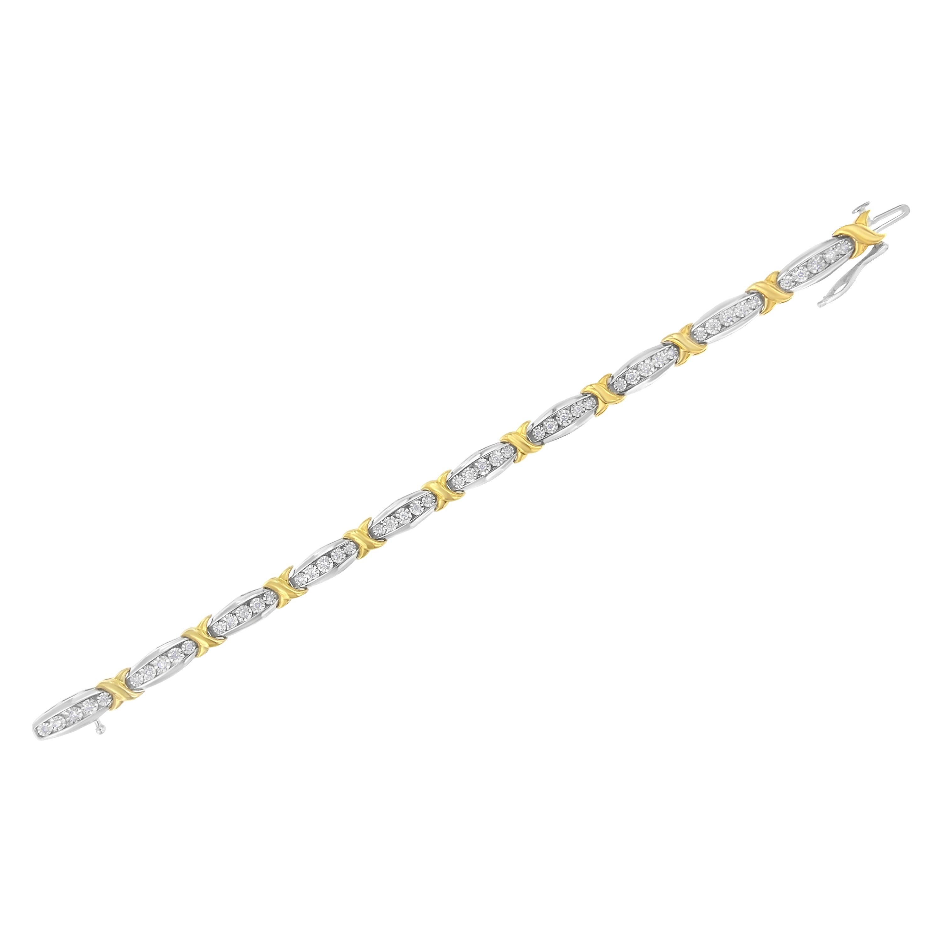 10K Gelbgold über Silber zweifarbig 3/4 Cttw Diamant X & O Glieder-Tennisarmband im Zustand „Neu“ im Angebot in New York, NY