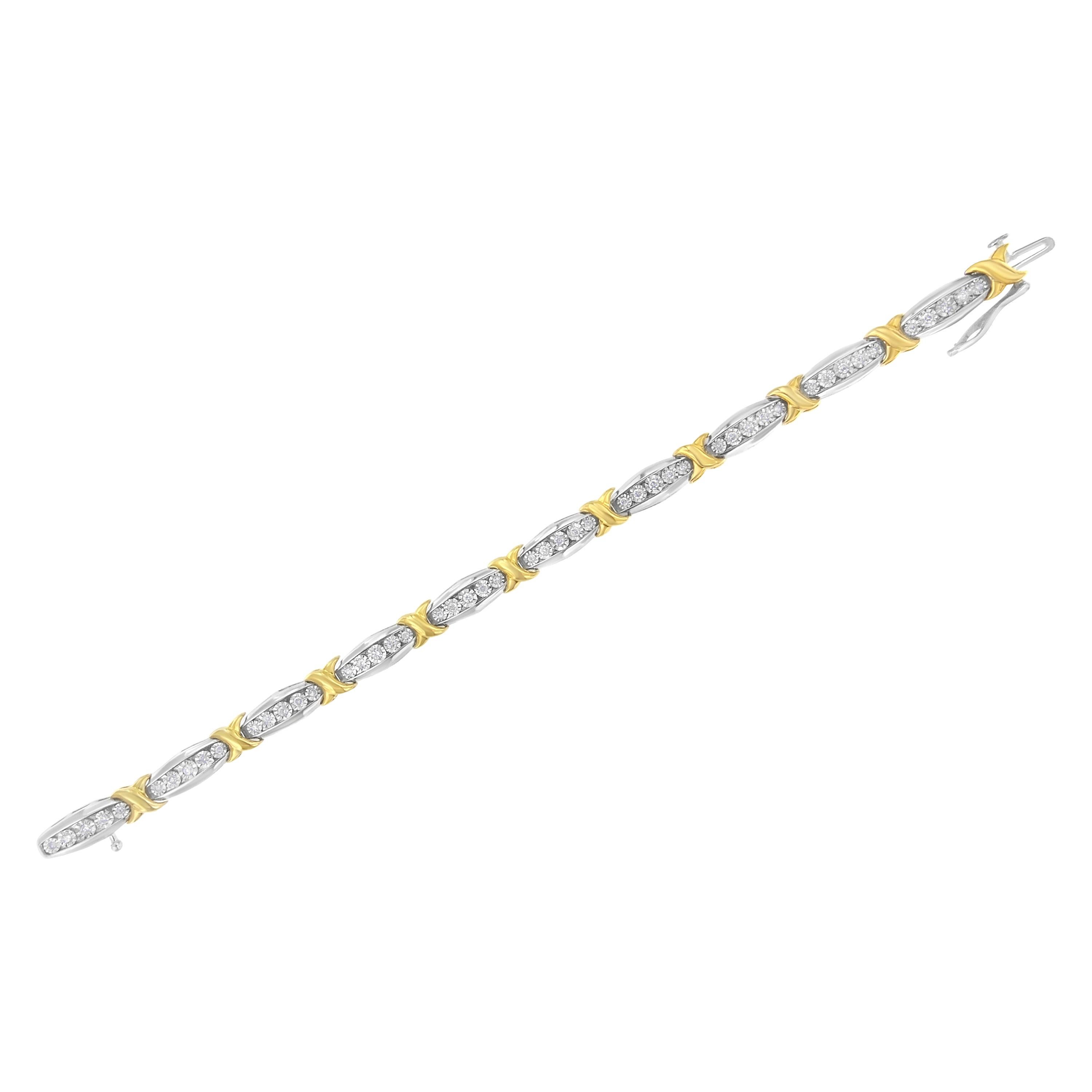 10K Yellow Gold Over Silver Two Tone 3/4 Cttw Diamond X & O Link Tennis Bracelet In New Condition In New York, NY