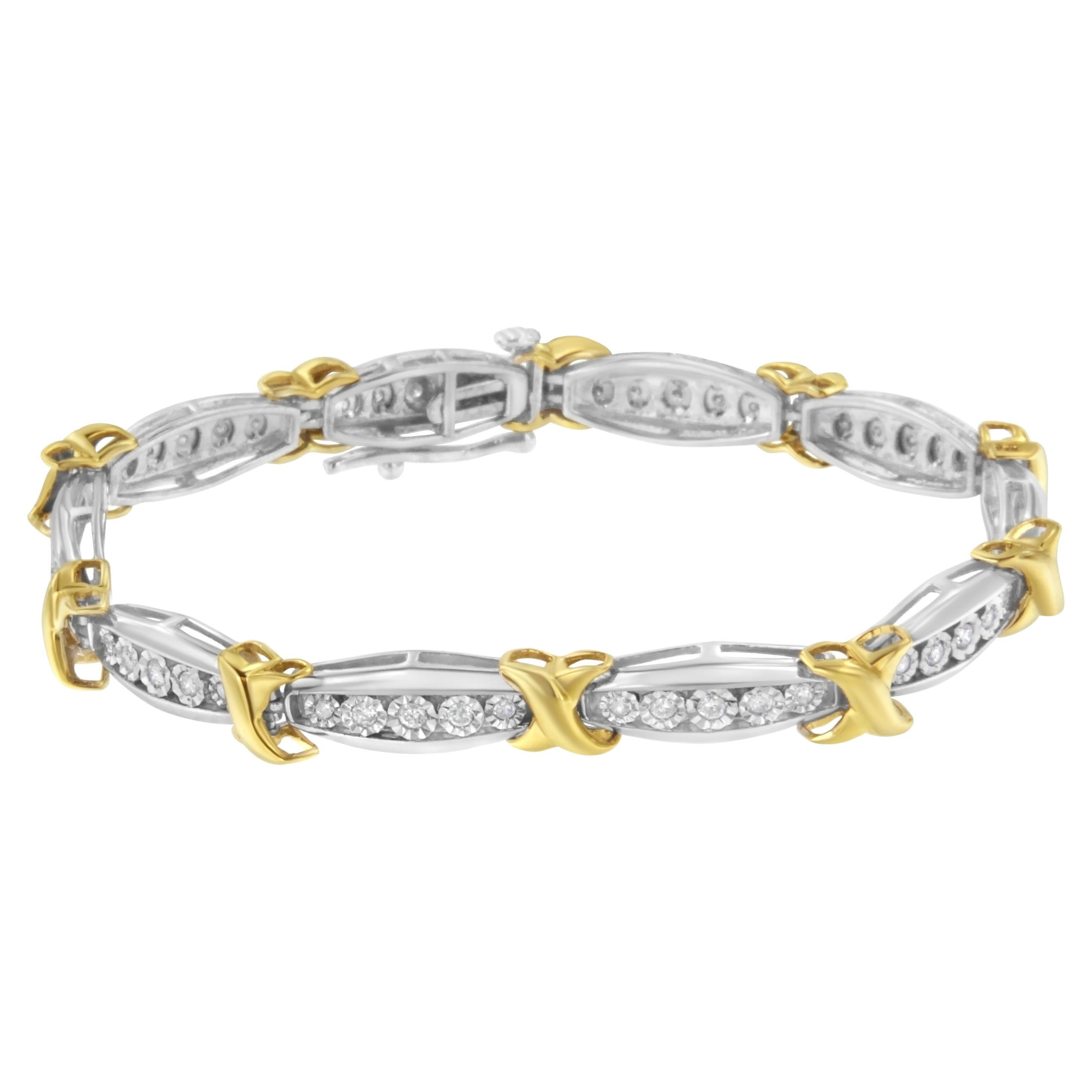 10K Yellow Gold Over Silver Two Tone 3/4 Cttw Diamond X & O Link Tennis Bracelet For Sale