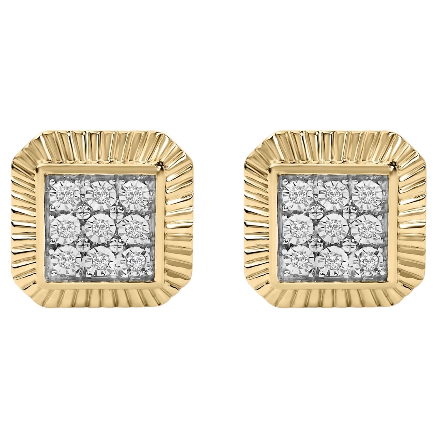 10K Yellow Gold Over Sterling Silver 1/6 Ctw Diamond Textured Halo Stud Earrings For Sale