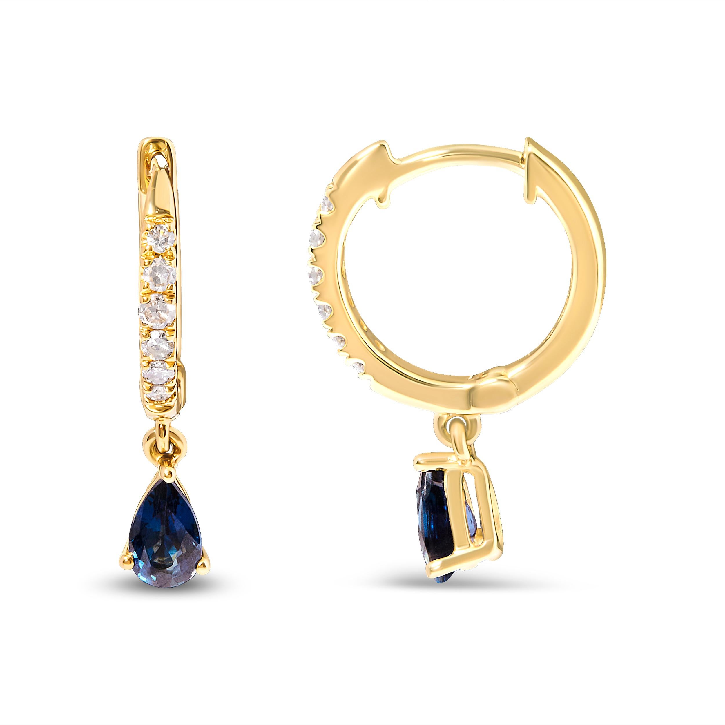 Modern 10K Yellow Gold Pear Blue Sapphire and 1/10 Carat Diamond Huggy Hoop Earring For Sale
