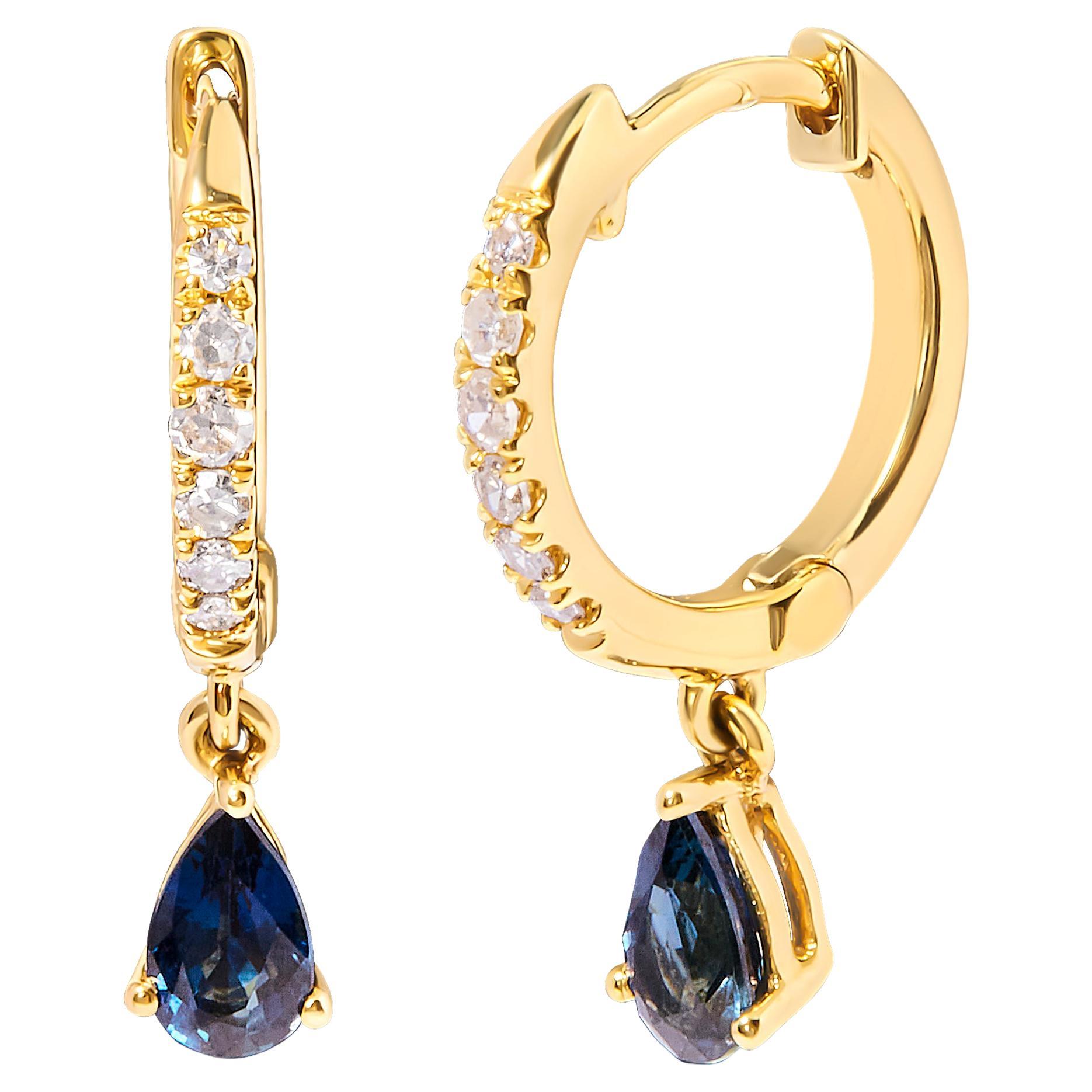 10K Yellow Gold Pear Blue Sapphire and 1/10 Carat Diamond Huggy Hoop Earring For Sale