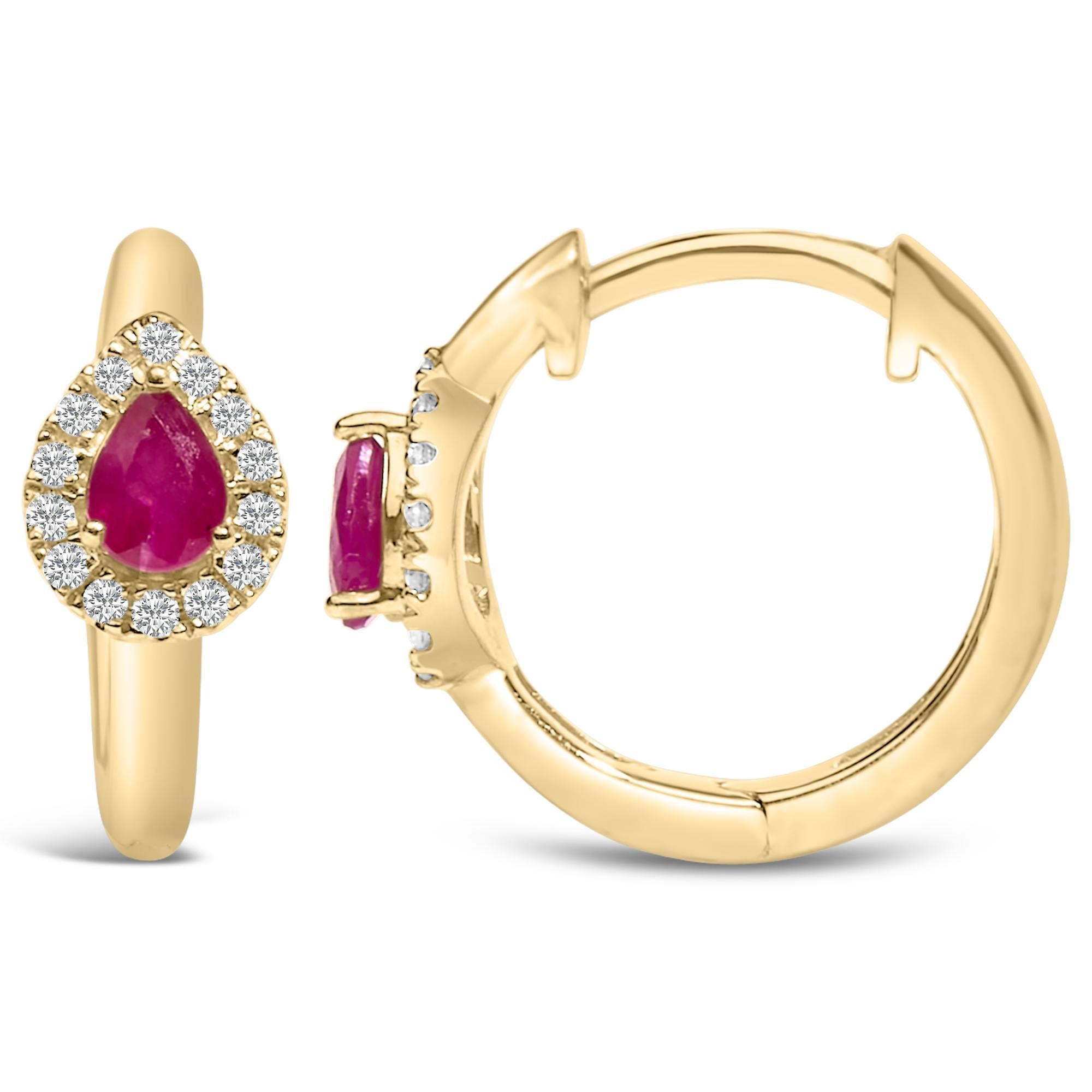 Pendientes Abrazados de Rubí Rojo Corte Pera de Oro Amarillo de 10K 4x3mm y Diamante de 1/10 Cttw Moderno en venta