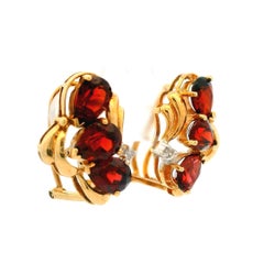 10k Yellow Gold Pear Garnet & Diamonds Open Work Omega Back Drop Earring