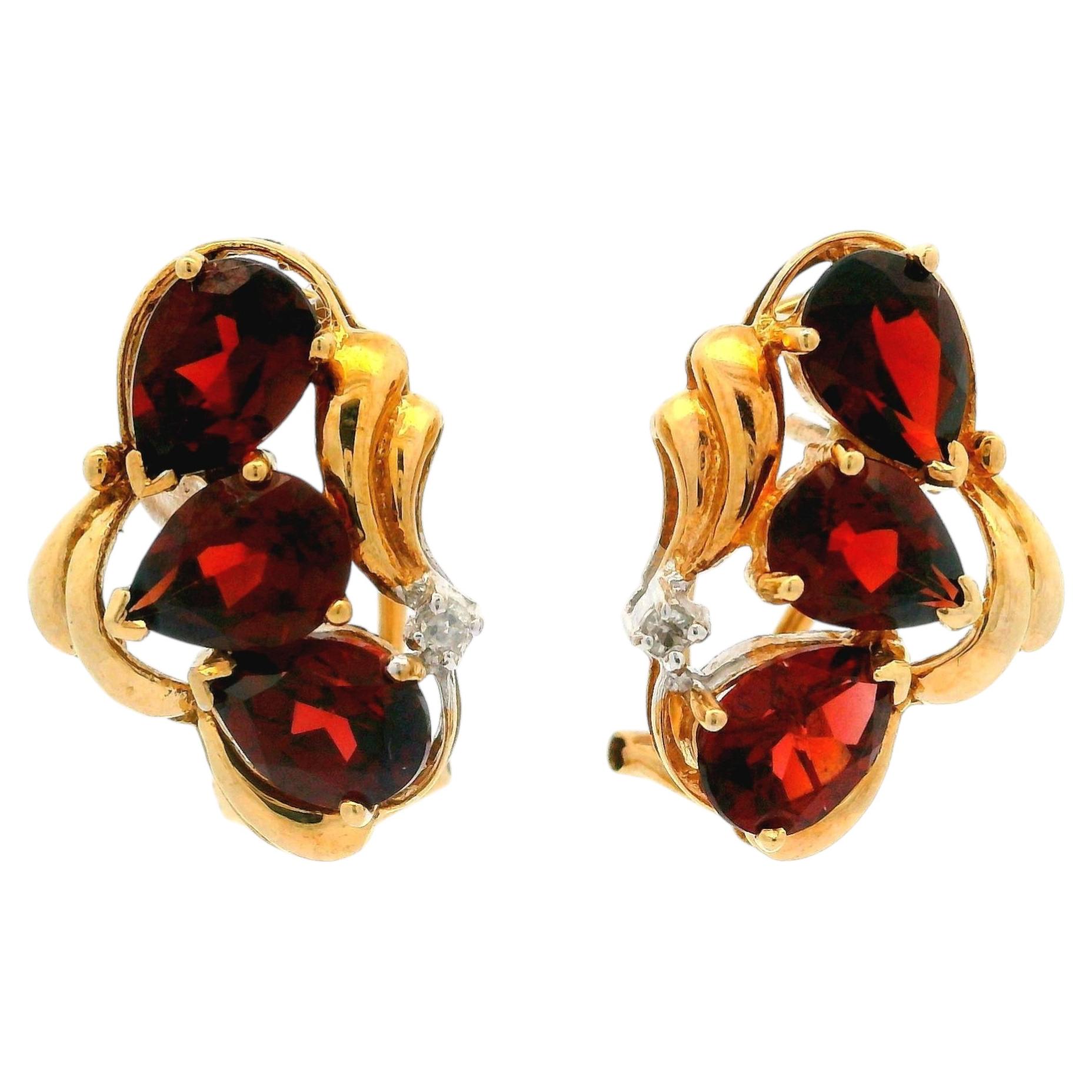 10k Yellow Gold Pear Garnet & Diamonds Open Work Omega Back Drop Earring For Sale