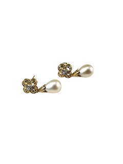 Boucles d'oreilles pendantes en or jaune 10K avec perles et diamants #24490