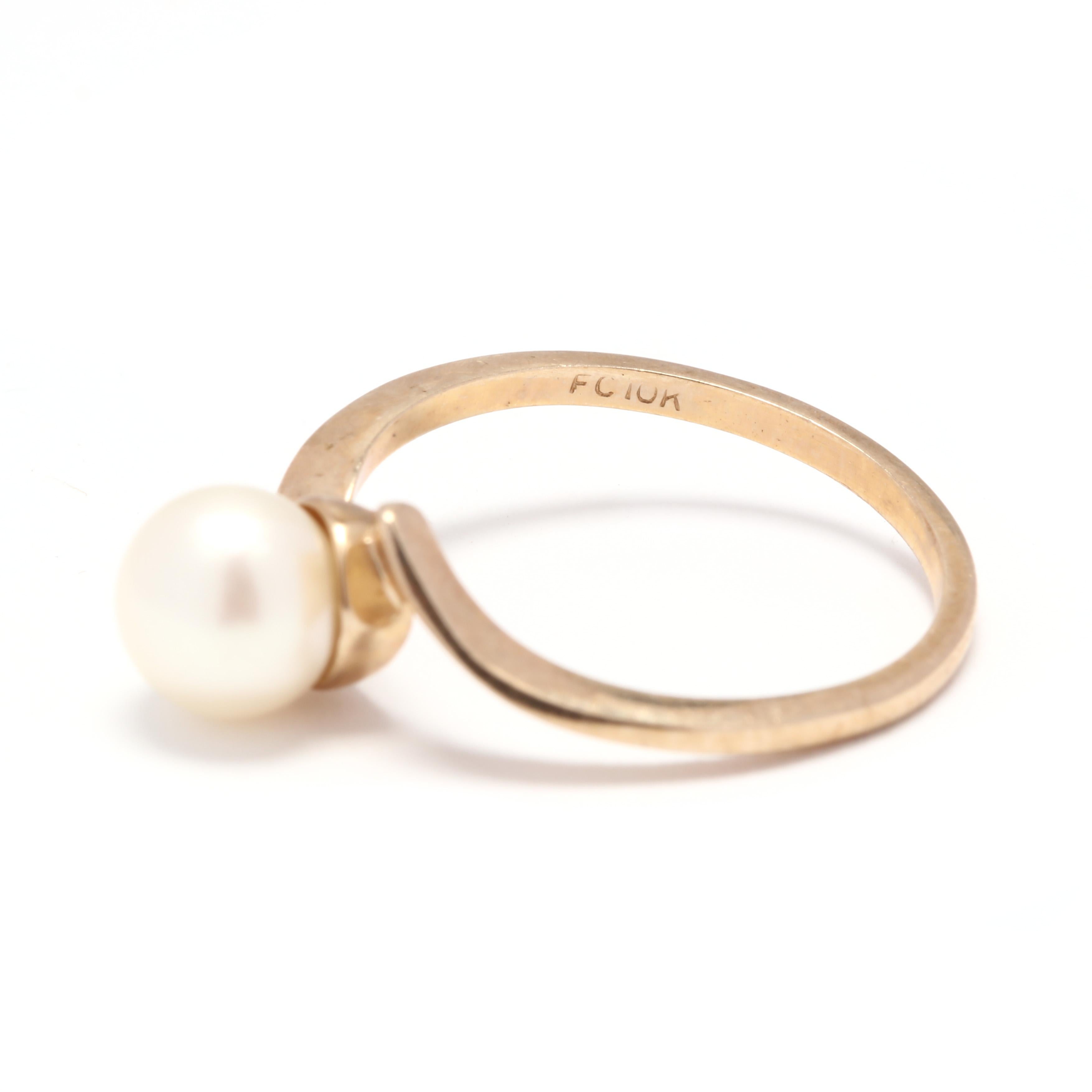 Women's or Men's 10 Karat Yellow Gold and Pearl Bypass Solitaire Ring