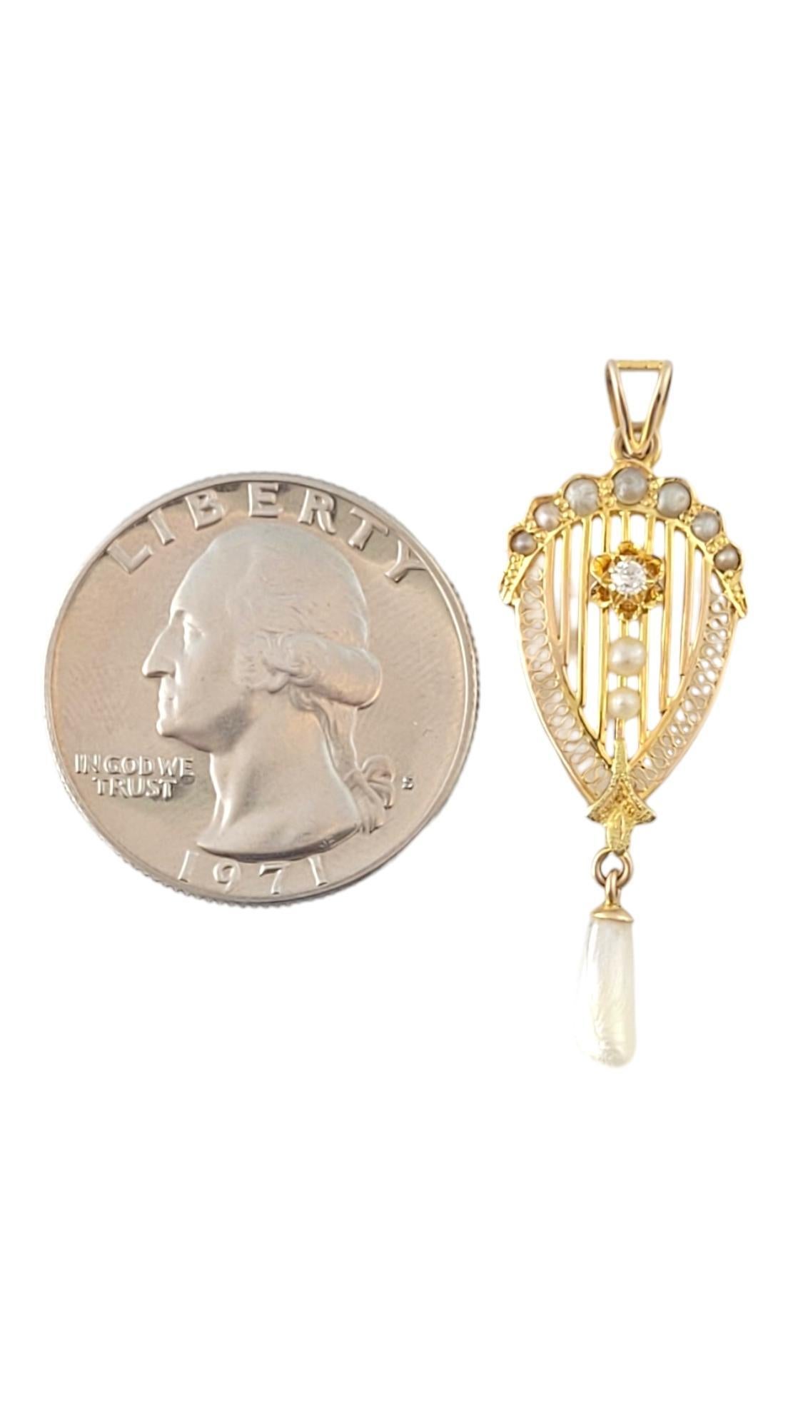 Women's 10K Yellow Gold Pearl & Diamond Pendant #16322 For Sale