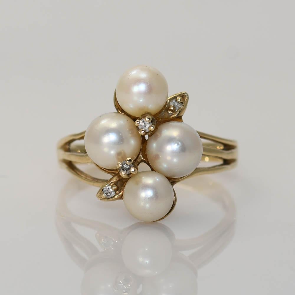 Bague en or jaune 10K avec perles et diamants 4.6g Unisexe en vente