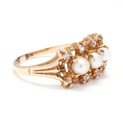 10 Karat Yellow Gold, Pearl and Diamond Ring, June Birthstone