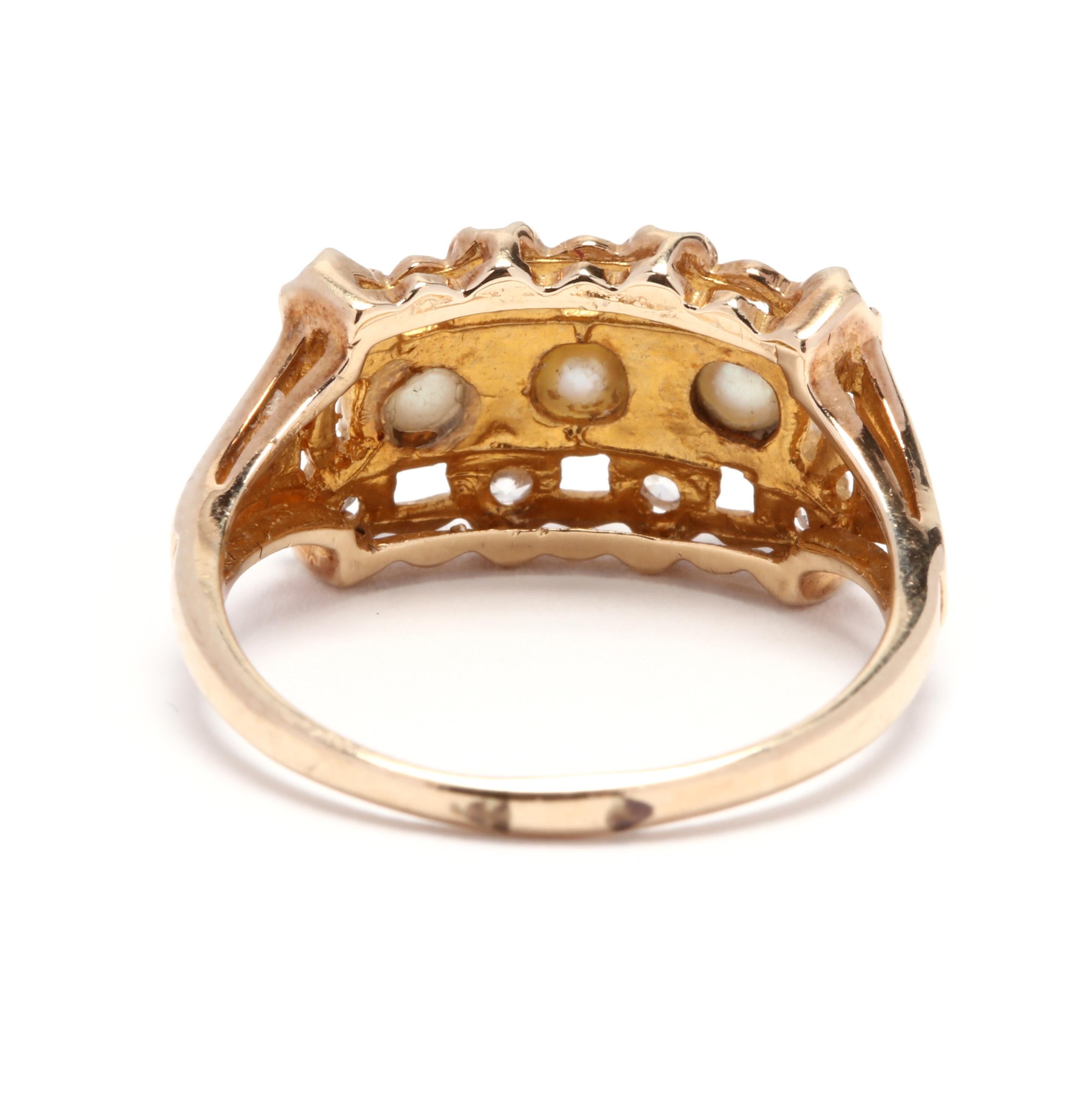 Round Cut 10 Karat Yellow Gold, Pearl and Diamond Ring, June Birthstone