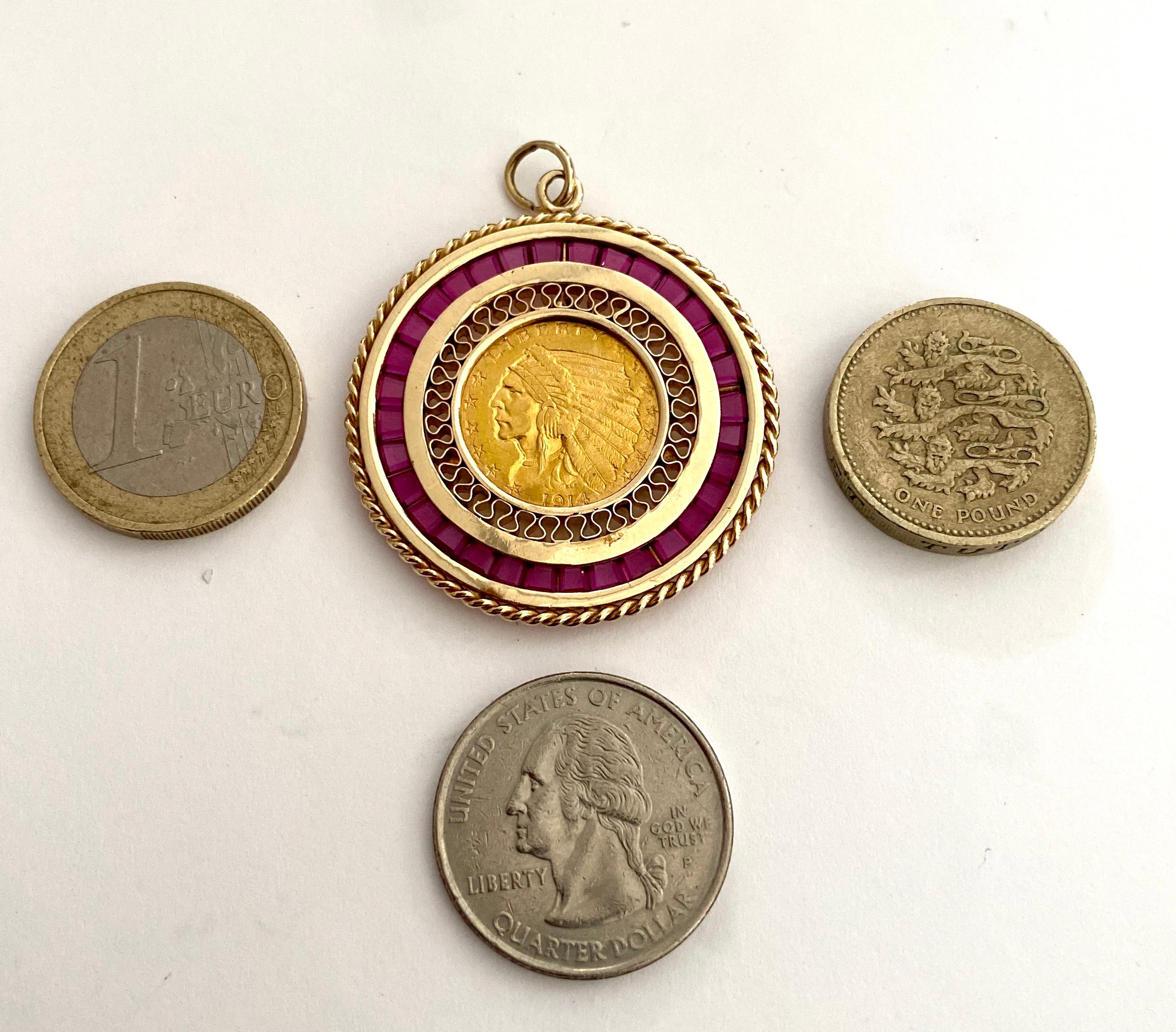 Modernist 10 Karat Yellow Gold Pendant, Set with Synthetic Ruby's and 2 1/2 $ Coin 1914