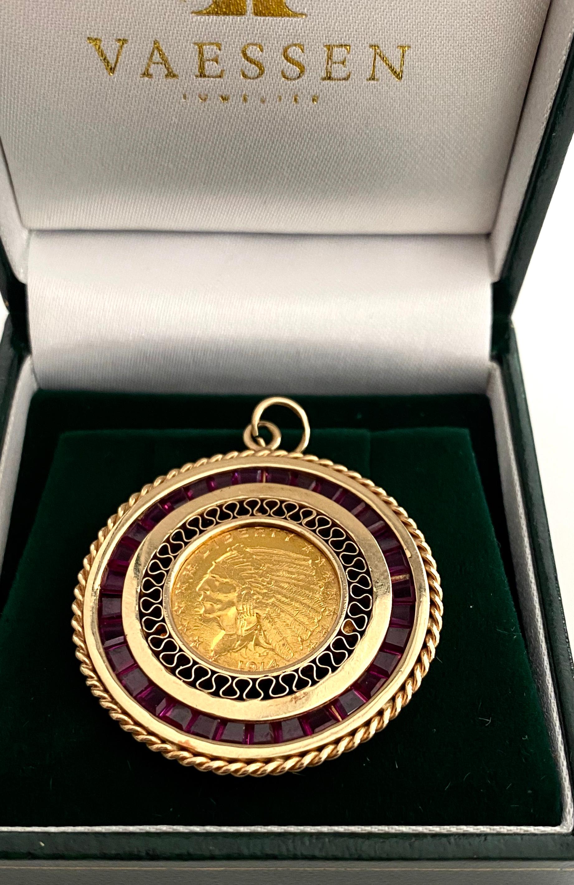 Square Cut 10 Karat Yellow Gold Pendant, Set with Synthetic Ruby's and 2 1/2 $ Coin 1914