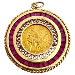 10 Karat Yellow Gold Pendant, Set with Synthetic Ruby's and 2 1/2 $ Coin 1914