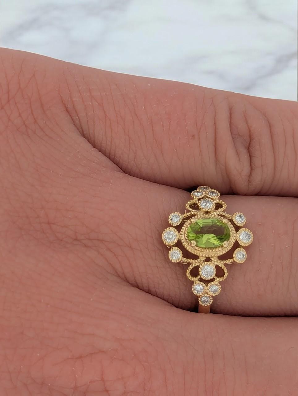 Modern Meadow  10K Yellow Gold Peridot & Diamond Ring, Oval Peridot Halo Ring For Sale