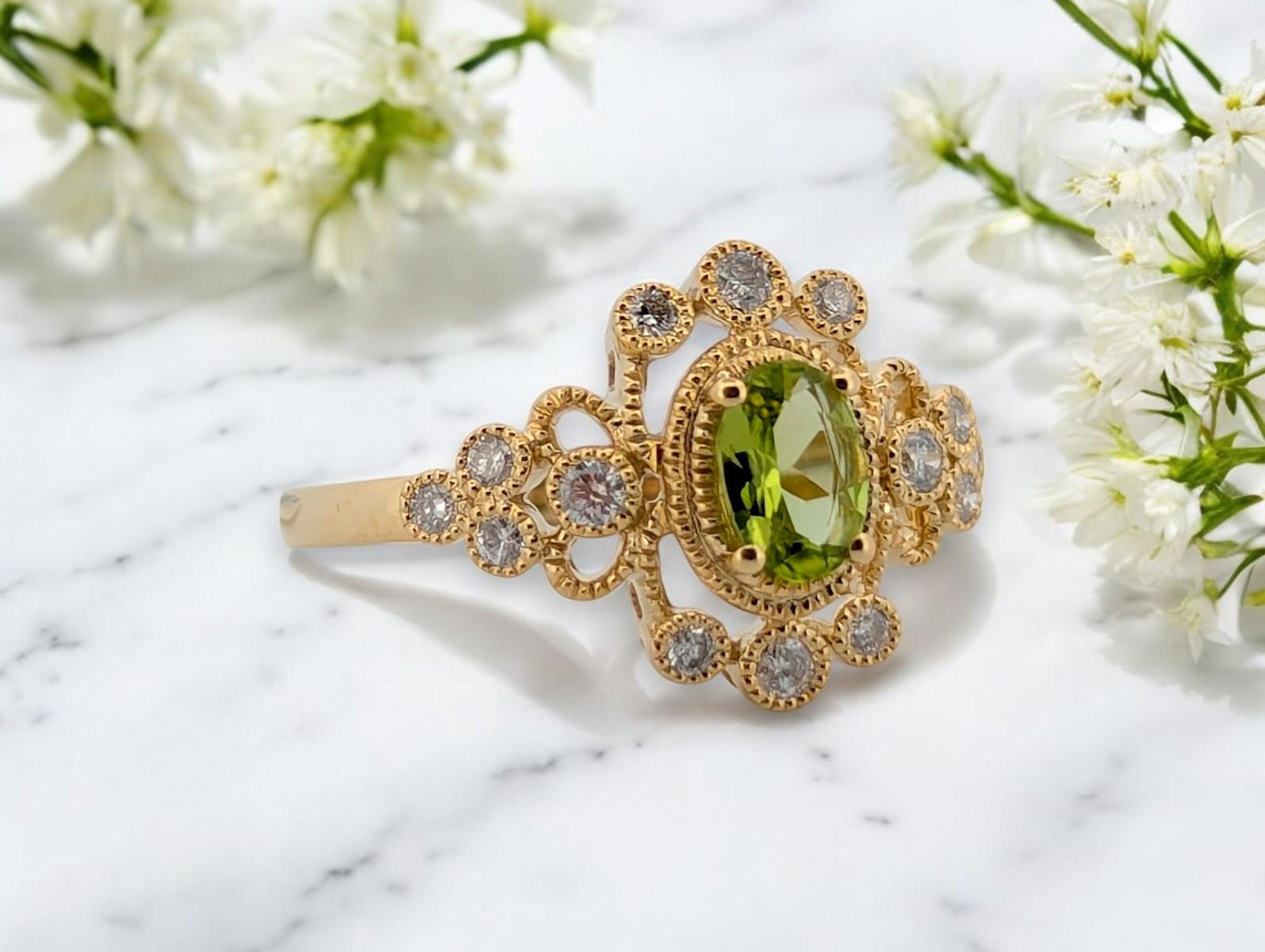 Meadow  10K Yellow Gold Peridot & Diamond Ring, Oval Peridot Halo Ring In New Condition For Sale In Greeneville, TN
