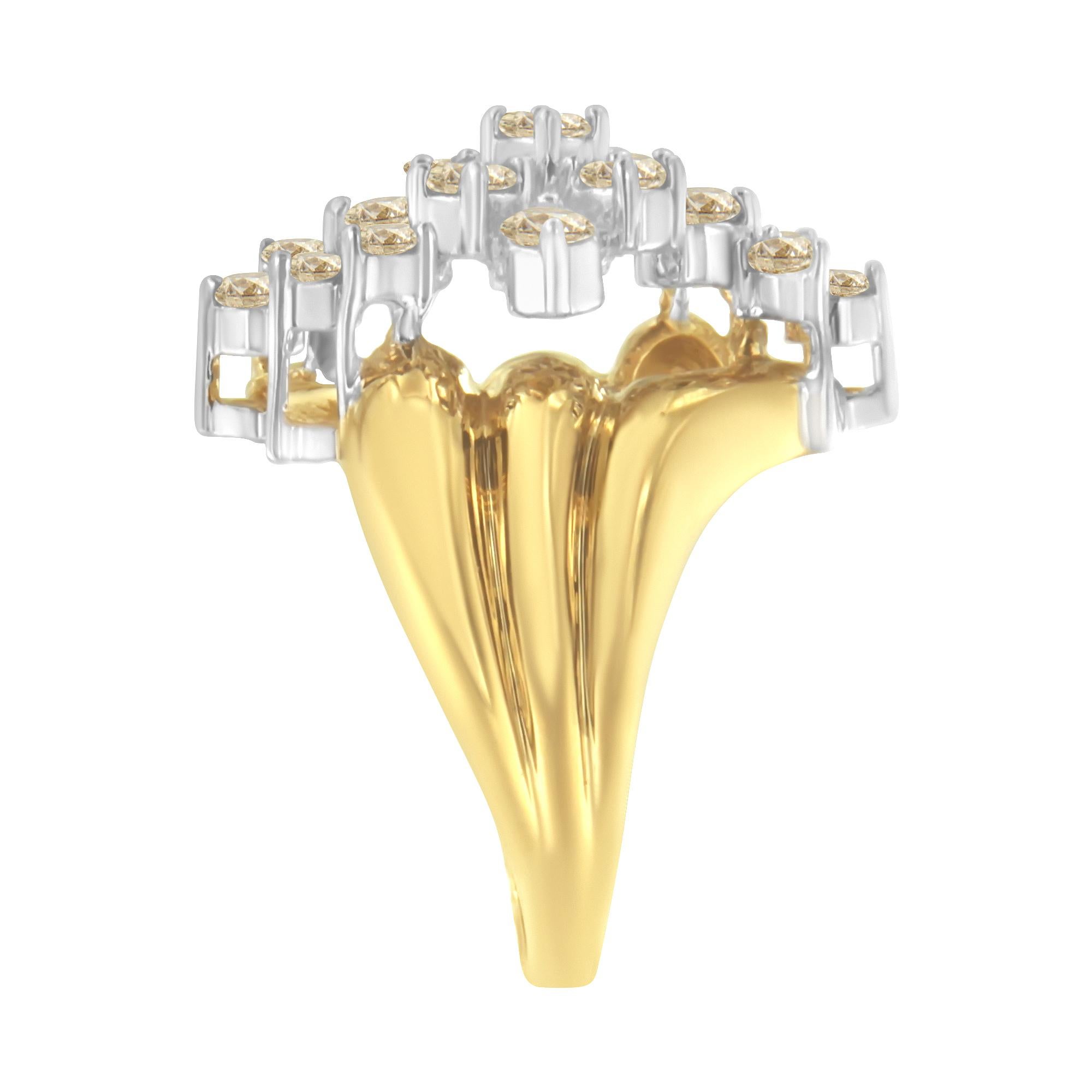 A diamond cluster ring crafted in yellow gold plated sterling silver. The design features a thick band mimicking three thin bands set, with asymmetrical clusters of diamonds. There are 17 total diamonds, with a total weight of 1.50 carats.

Product