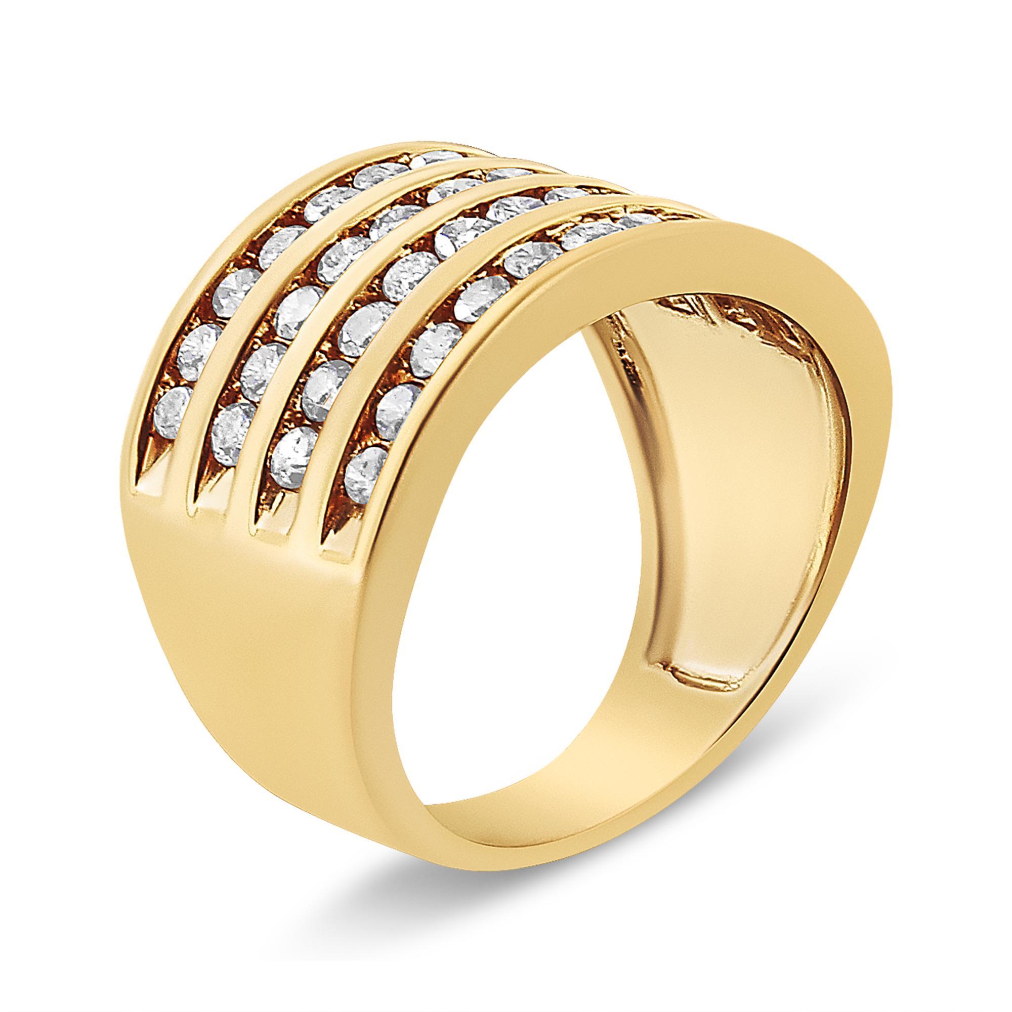 Taille ronde Bague 4 rangs en argent sterling plaqué or jaune 10K avec 1 1/2 Cttw de diamant en vente