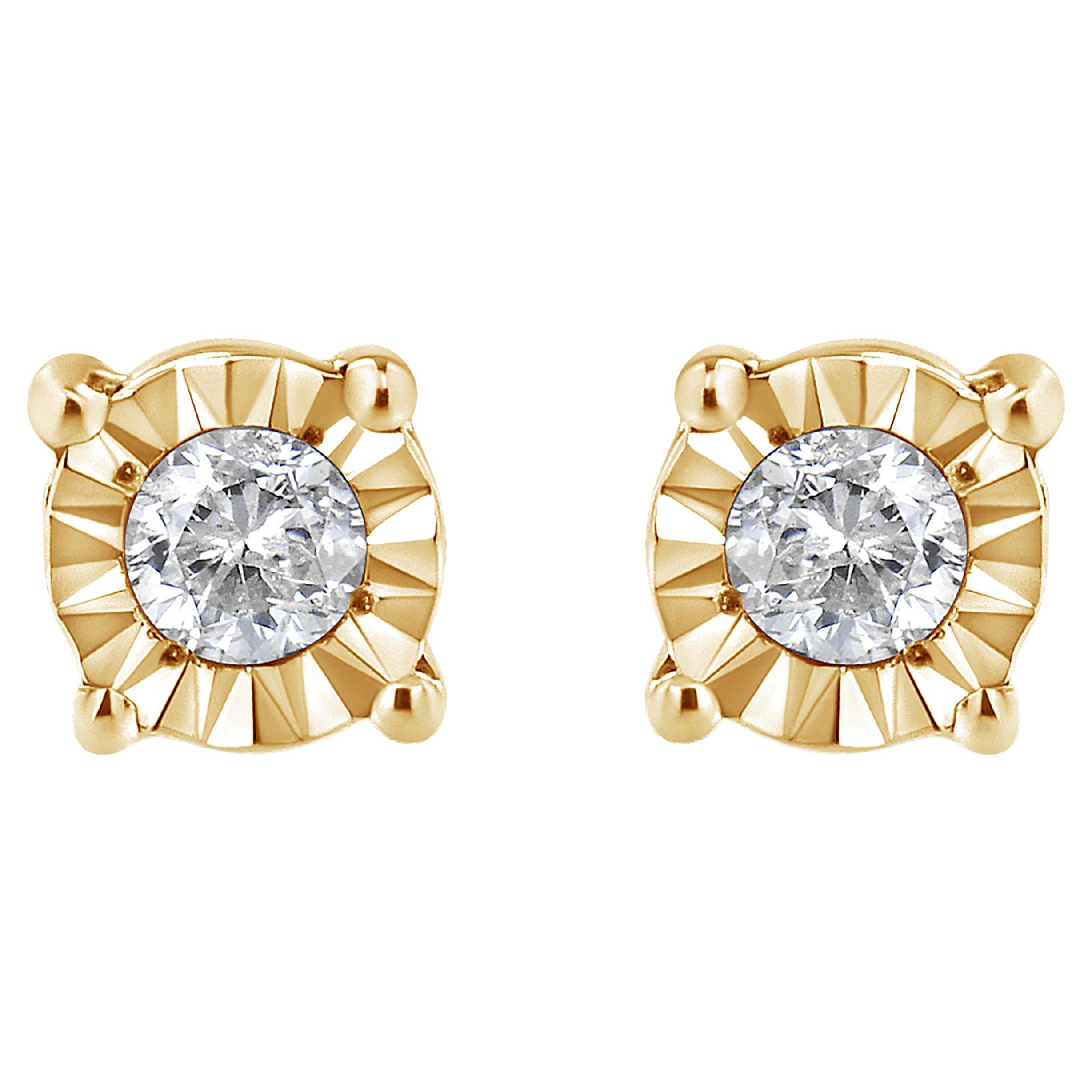 10K Yellow Gold Plated .925 Sterling Silver 1/10 Carat Diamond Stud Earrings For Sale