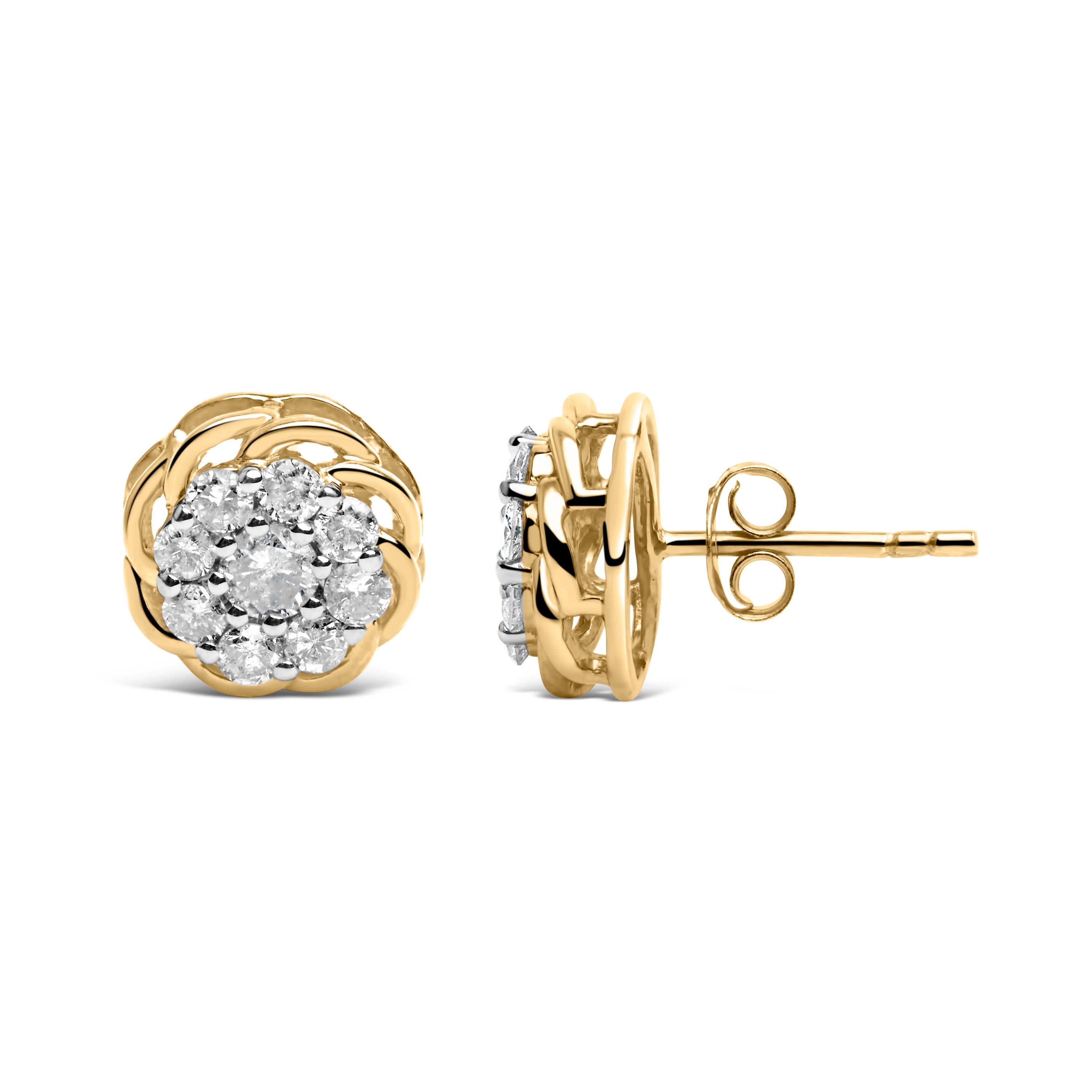 Contemporary 10K Yellow Gold Plated .925 Sterling Silver 1/2 Ct Diamond Cluster Stud Earrings For Sale