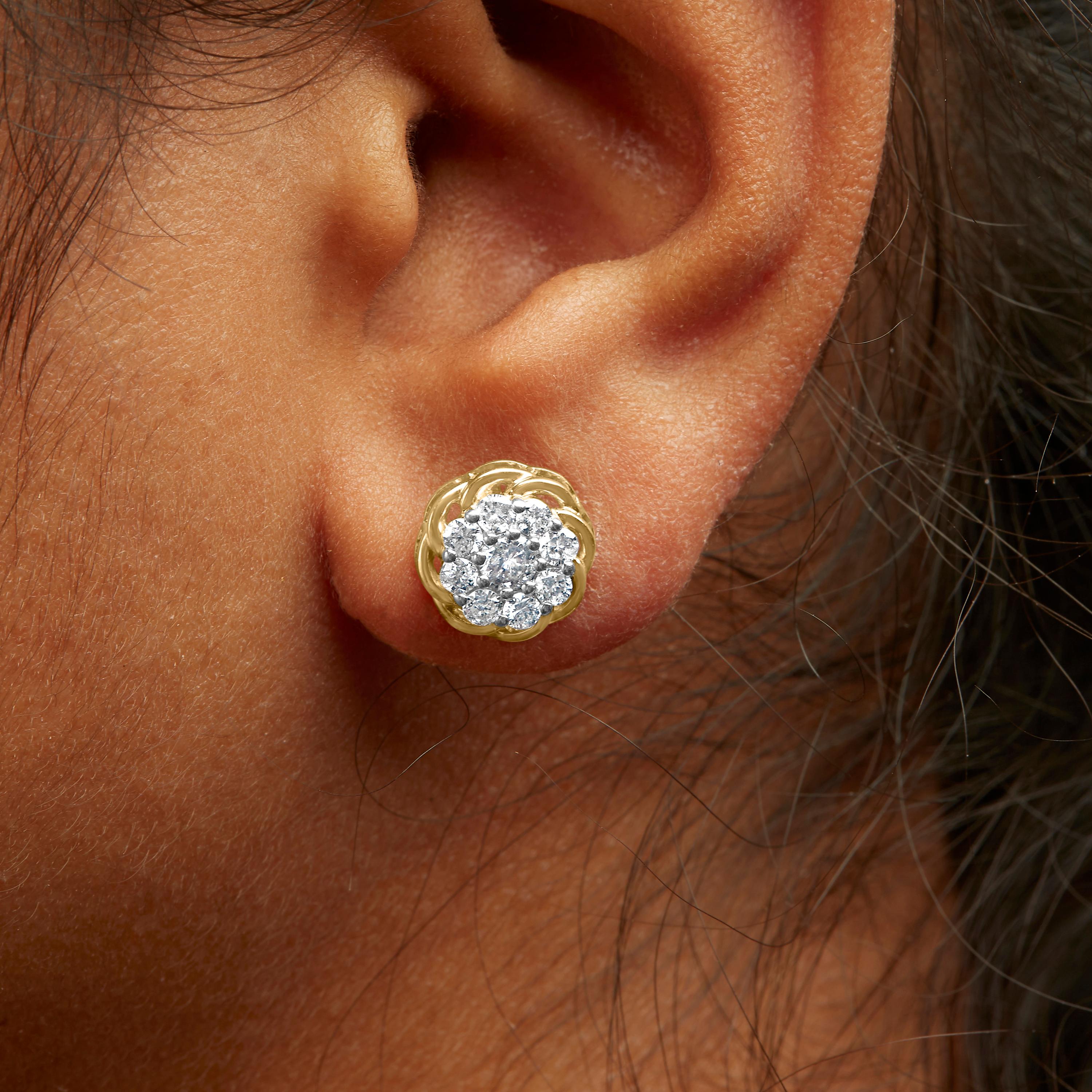 Round Cut 10K Yellow Gold Plated .925 Sterling Silver 1/2 Ct Diamond Cluster Stud Earrings For Sale