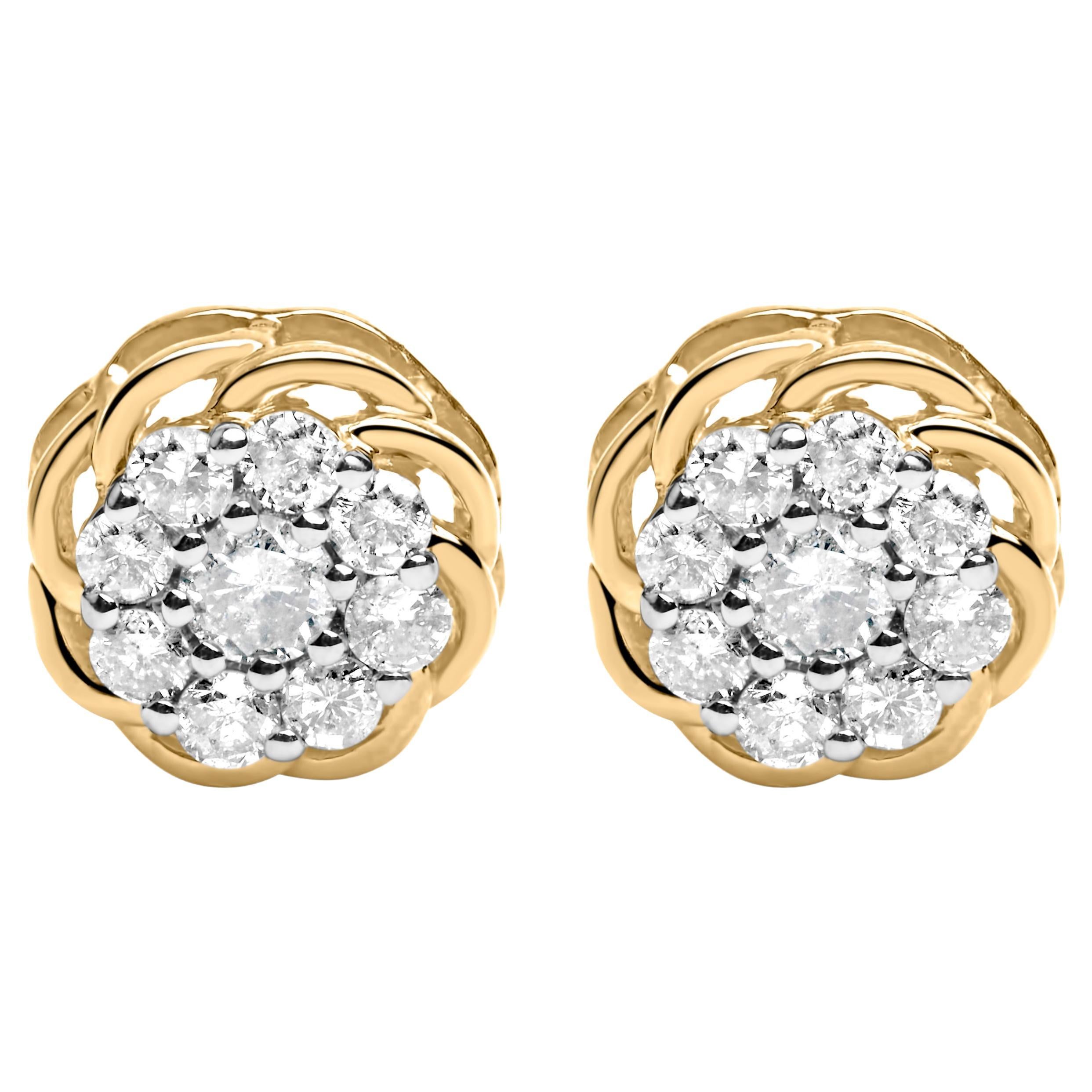 10K Yellow Gold Plated .925 Sterling Silver 1/2 Ct Diamond Cluster Stud Earrings For Sale