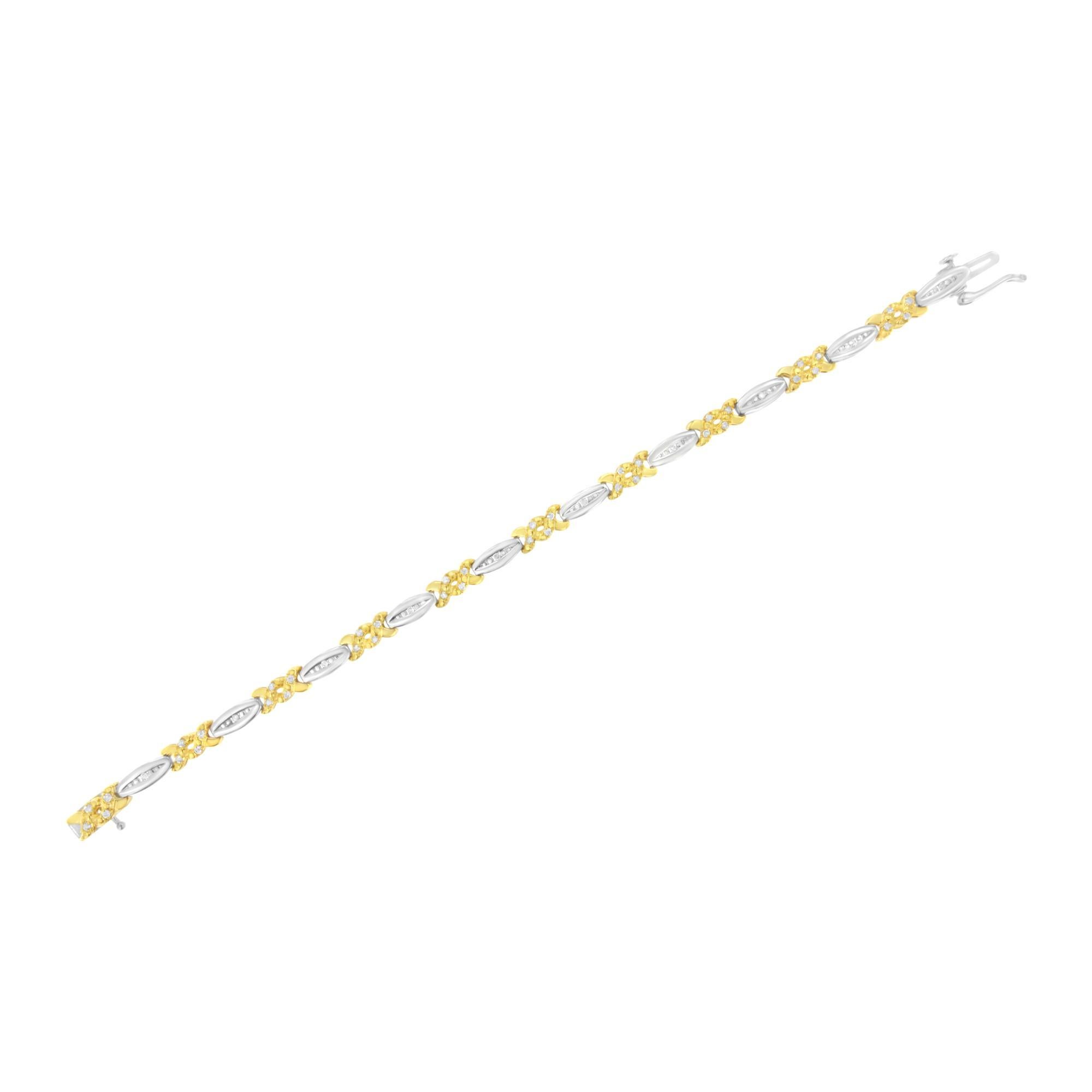 Taille ronde Bracelet à maillons en X en argent sterling plaqué or jaune 10K avec 1/2 cttw de diamant en vente
