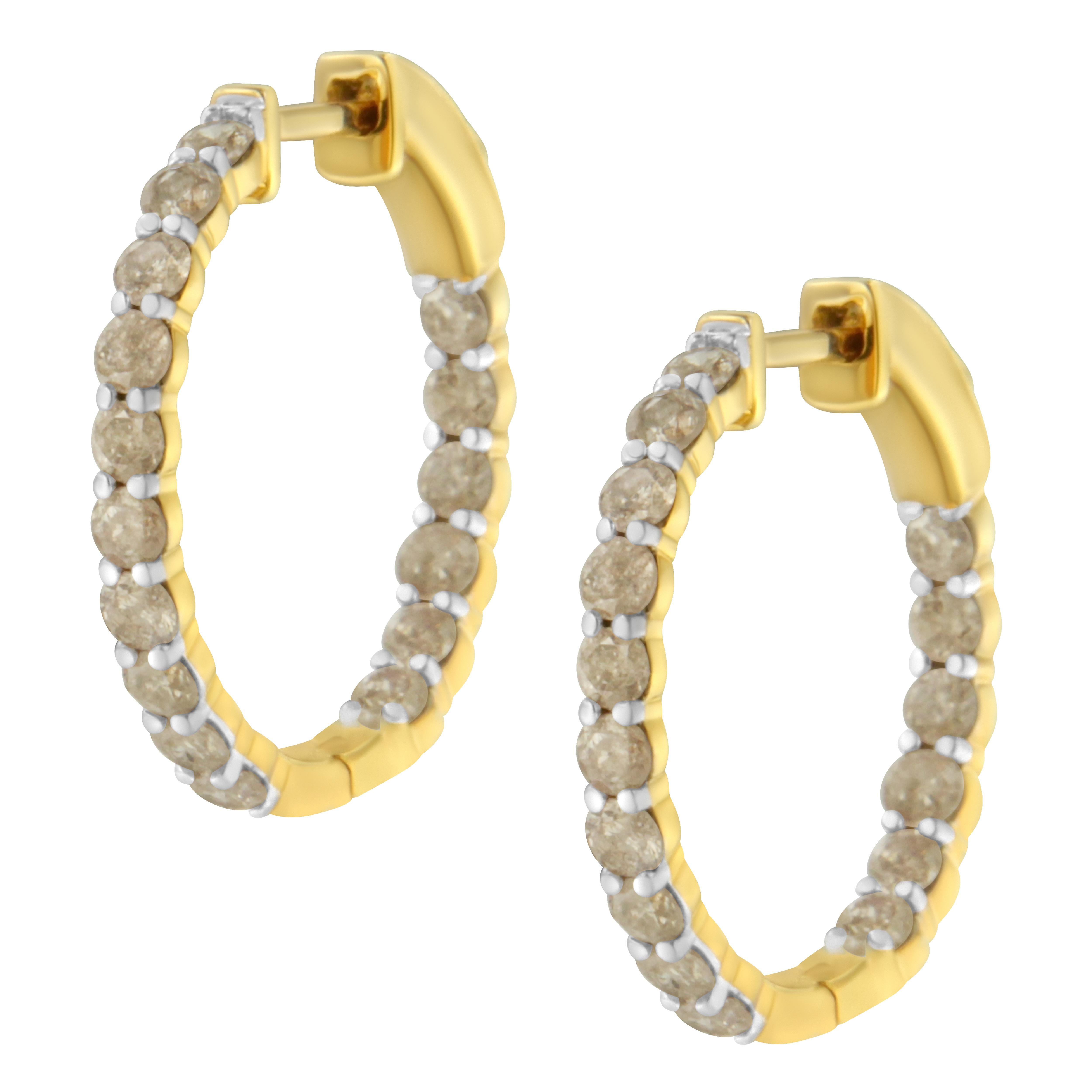 Round Cut 10K Yellow Gold Plated .925 Sterling Silver 2.0 Carat Diamond Hoop Earrings For Sale