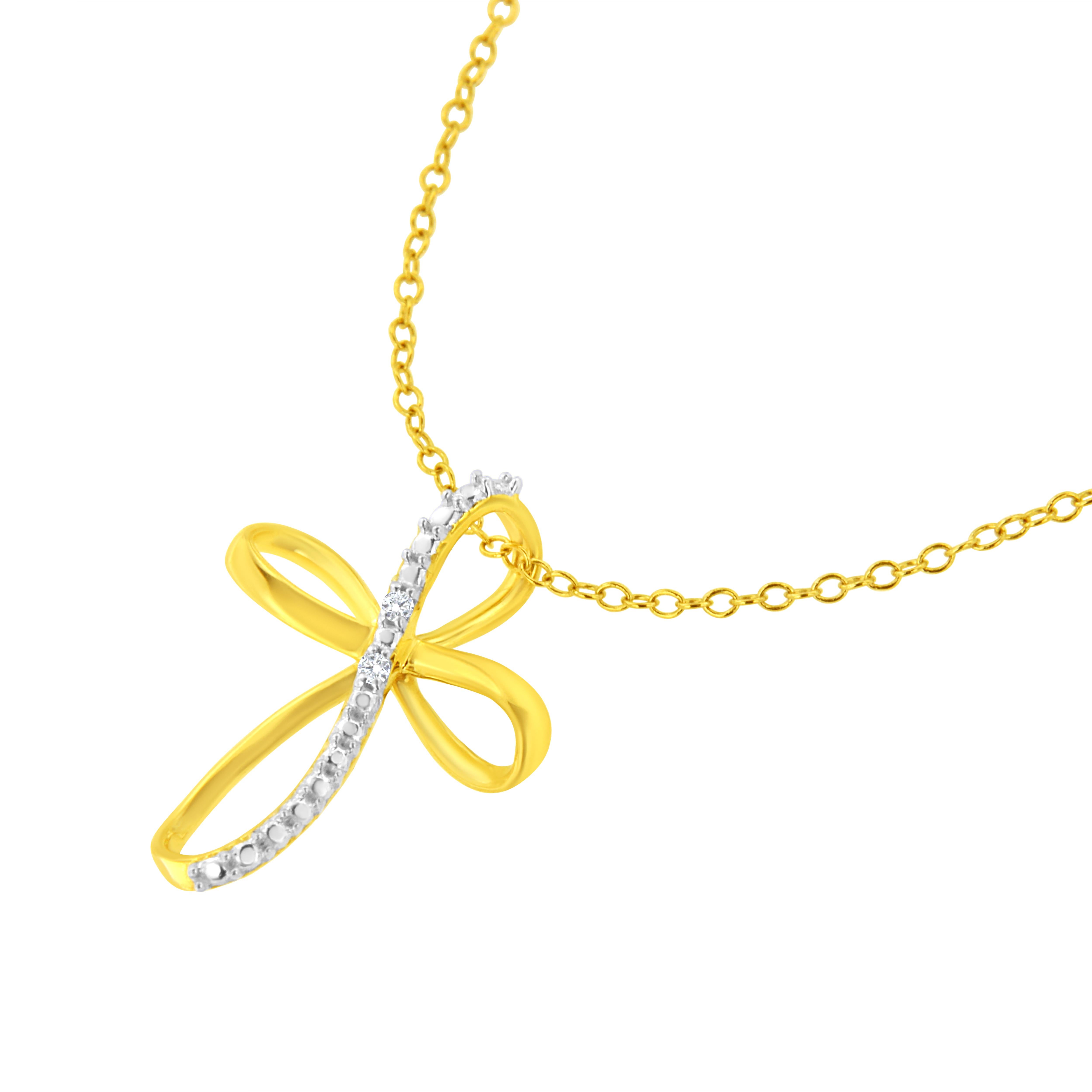 Round Cut 10K Yellow Gold Plated .925 Sterling Silver Diamond Accent Cross Ribbon Pendant  For Sale