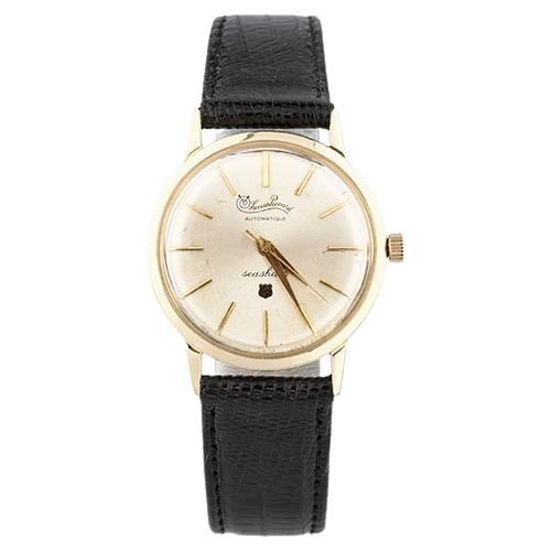 10k Yellow Gold Plated Lucien Piccard Automatic Seashark Mens Watch Leather Band For Sale
