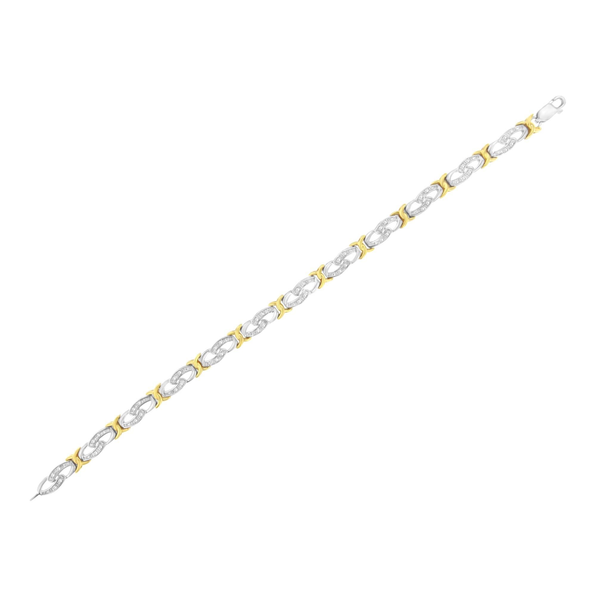Taille ronde Bracelet à maillons « Infinity and X » en argent plaqué jaune 10 carats et diamants 1/4 carat en vente