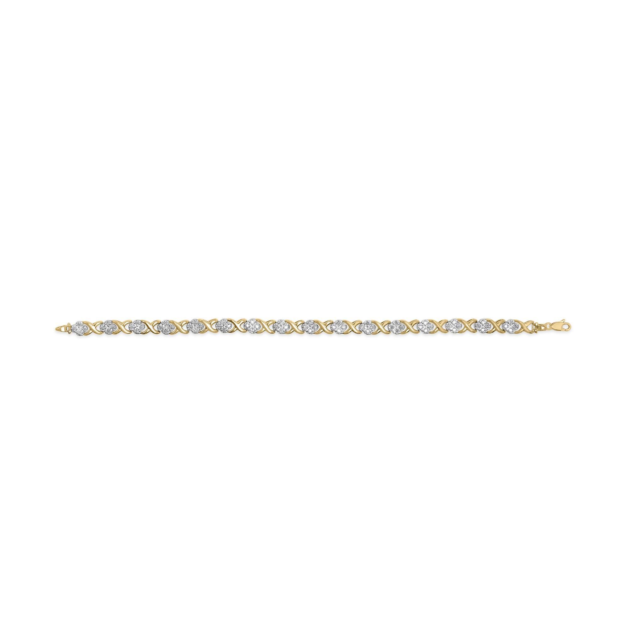 Taille ronde Bracelet tennis à maillons en argent plaqué jaune 10 carats avec diamants de 1,0 carat poids total en vente
