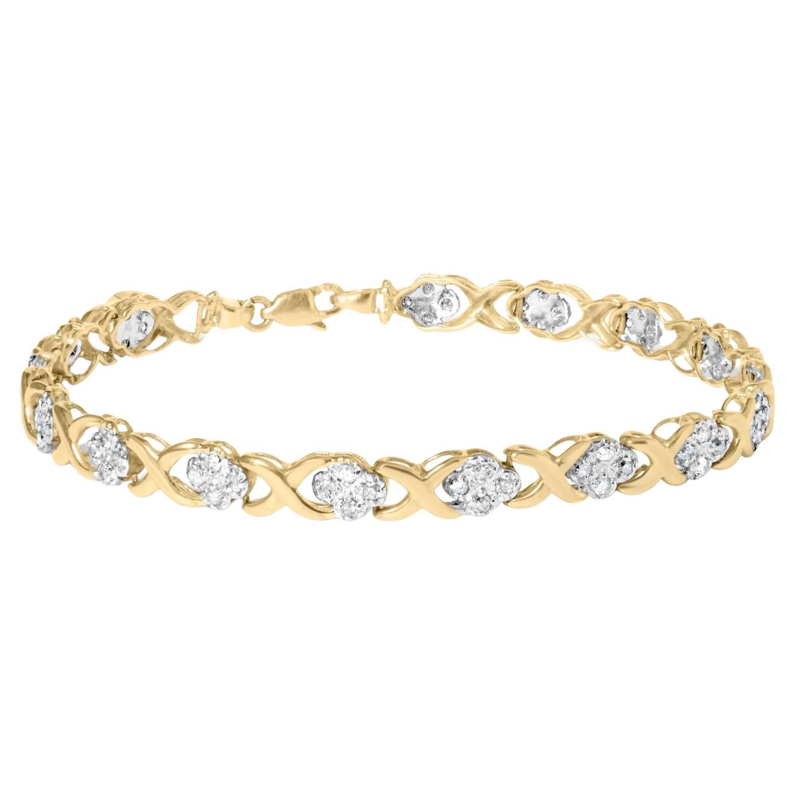 10K Yellow Gold Plated Silver 1.0 Cttw Diamond Cluster X Link Tennis Bracelet