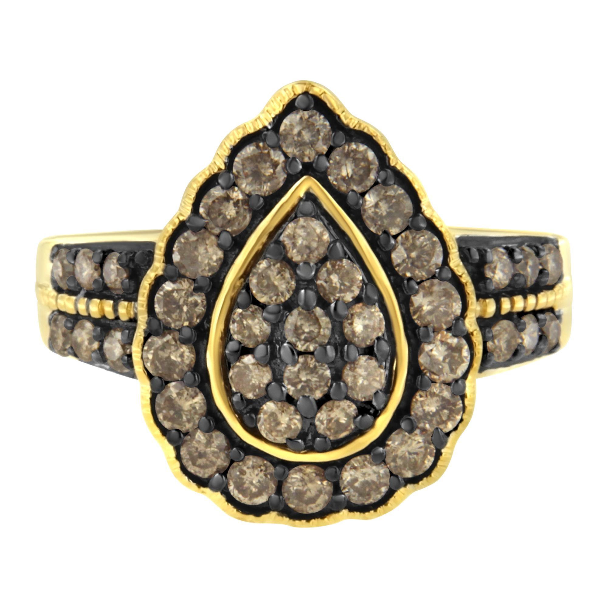 Modern 10K Yellow Gold Plated Sterling Silver 1 1/8 cttw Diamond Pear Cocktail Ring For Sale