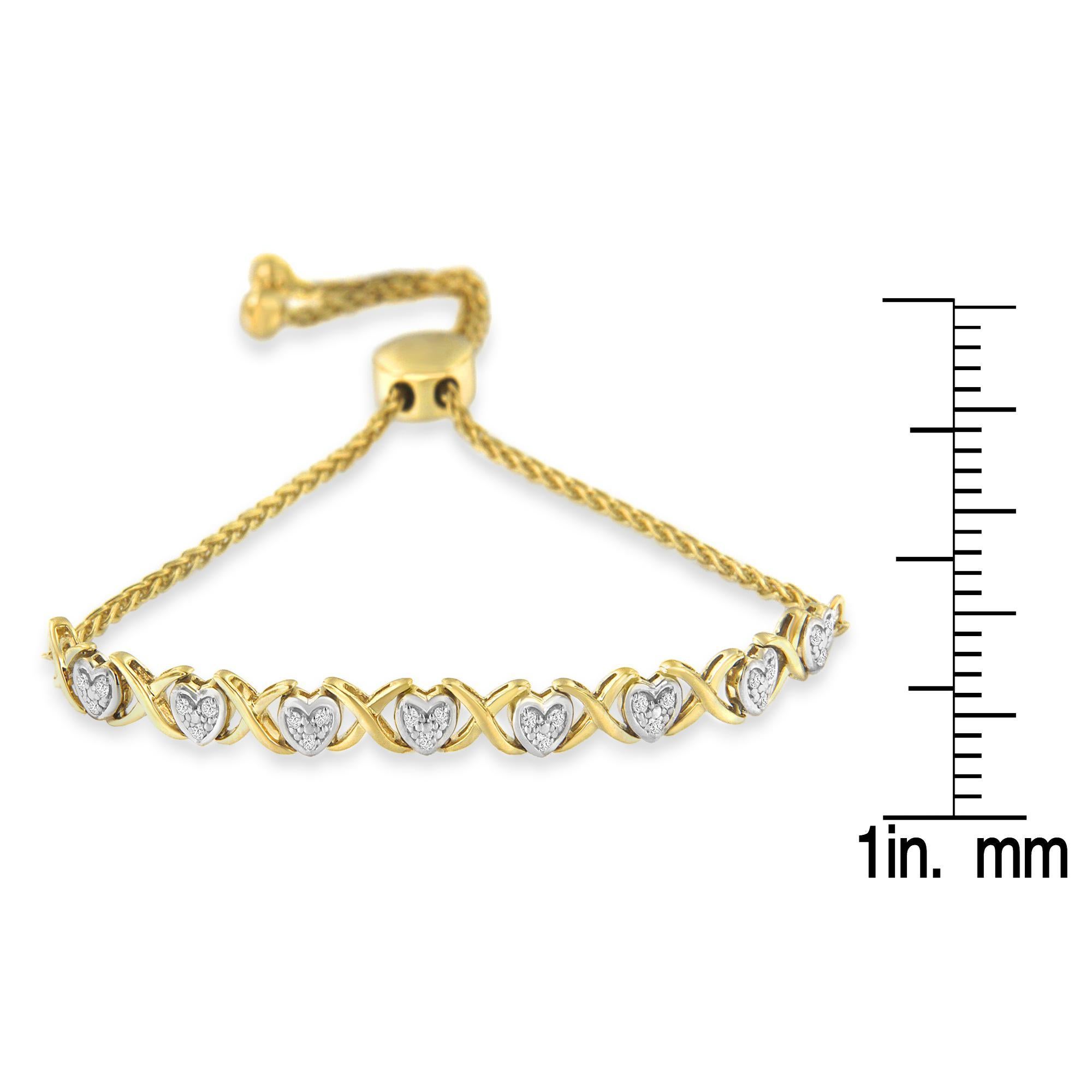 Taille ronde Bracelet à maillons en argent sterling plaqué or jaune 10 carats avec diamants véritables de 1/10 carat en vente