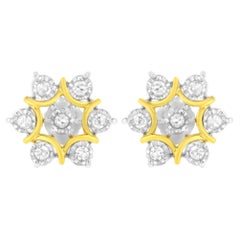 Boucles d'oreilles fleuries en argent sterling plaqué or jaune 10 carats avec diamants taille ronde 1/4 carat