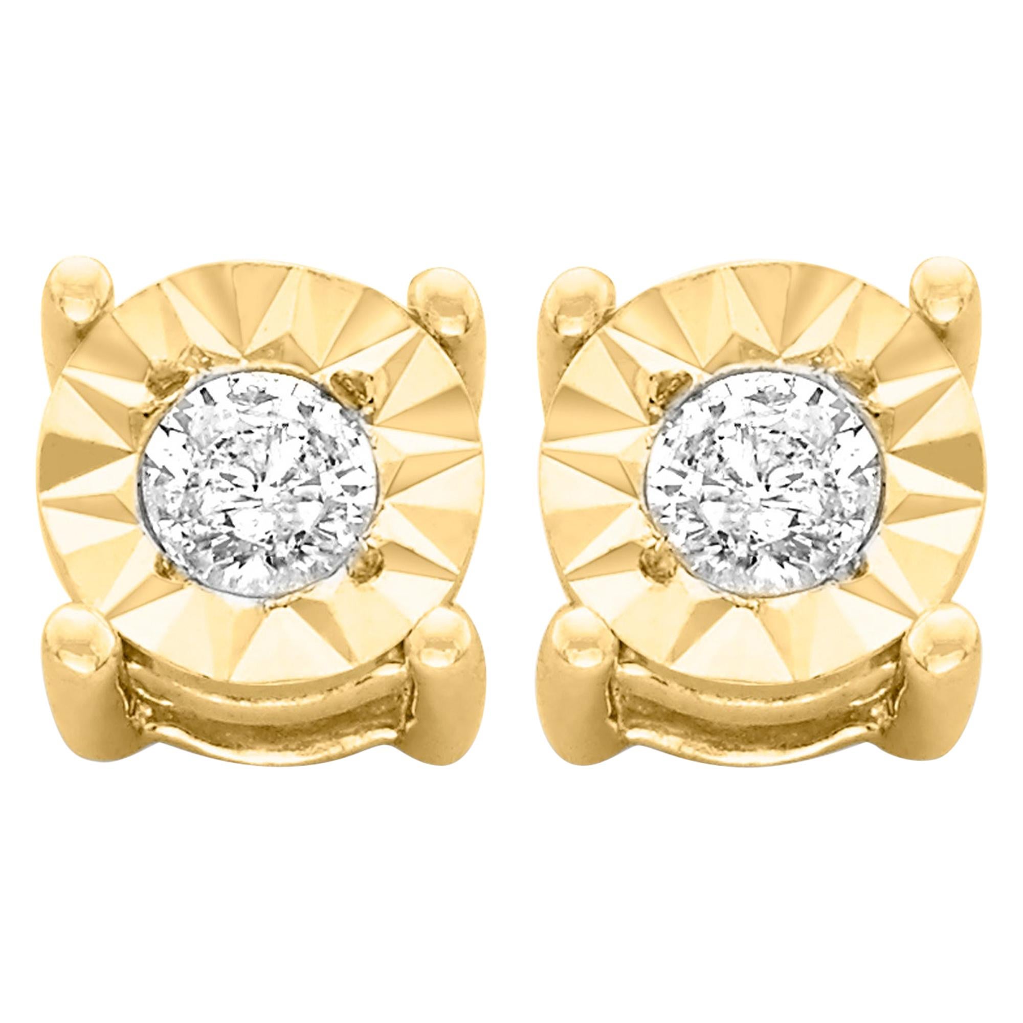 10K Yellow Gold Plated Sterling Silver 1/5 Carat Round-Cut Diamond Stud Earrings For Sale