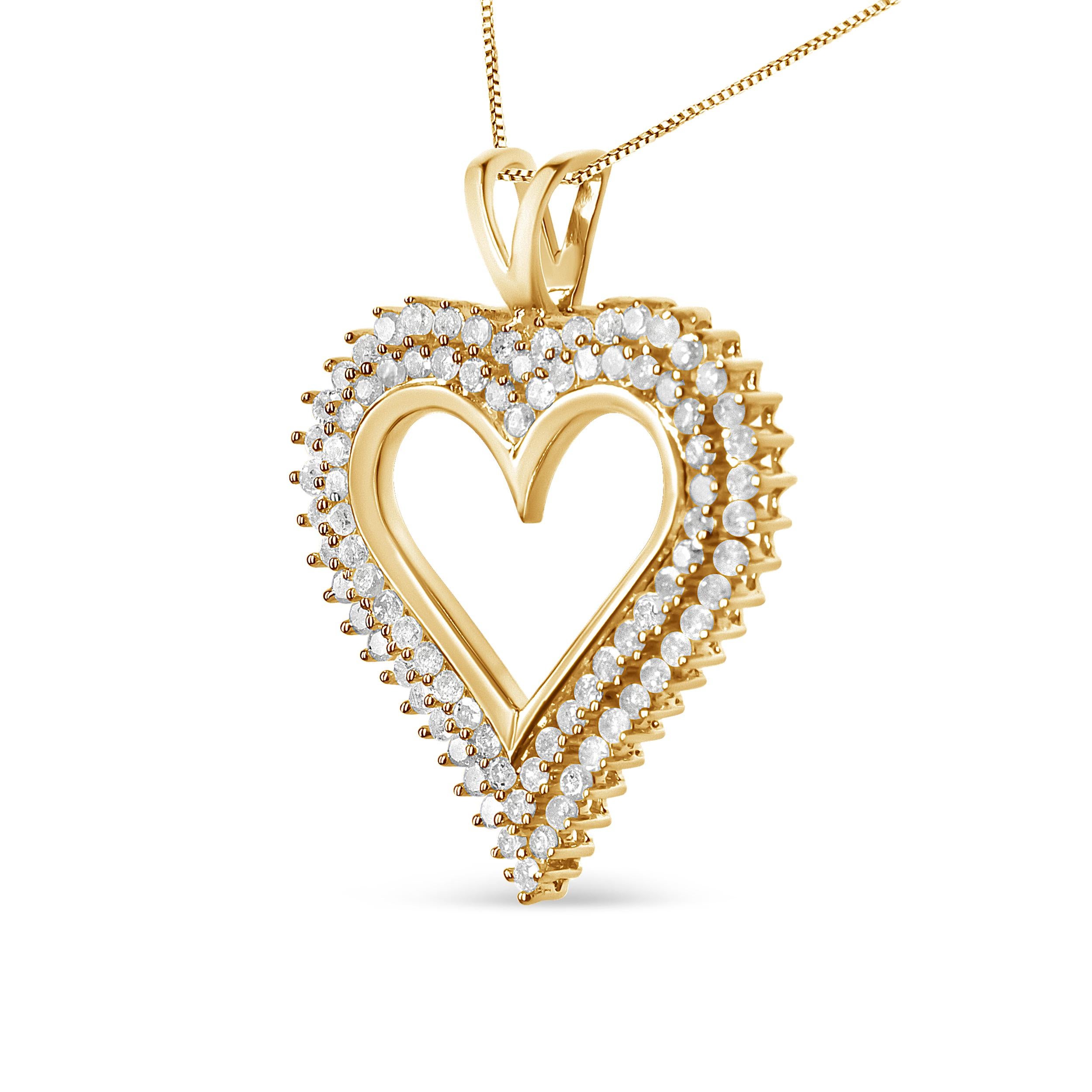 Celebrate someone you love with this stunning diamond heart pendant. This diamond necklace features 2 rows of round diamonds prong set along the edge of this open heart shape crafted of stunning .925 sterling silver, with a matching box chain