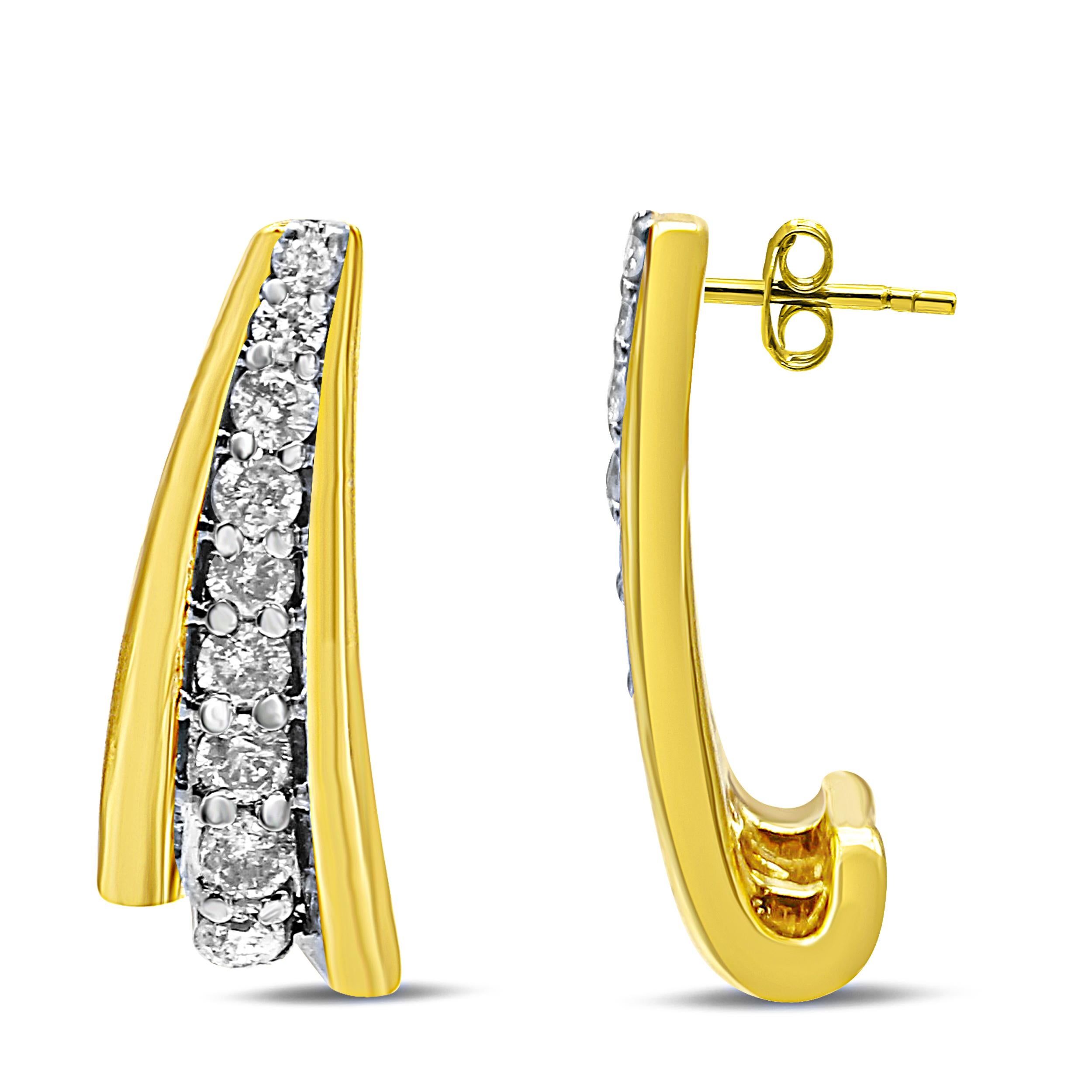 Contemporary 10K Yellow Gold Plated Sterling Silver 1.0 Carat Diamond Huggie Earrings For Sale