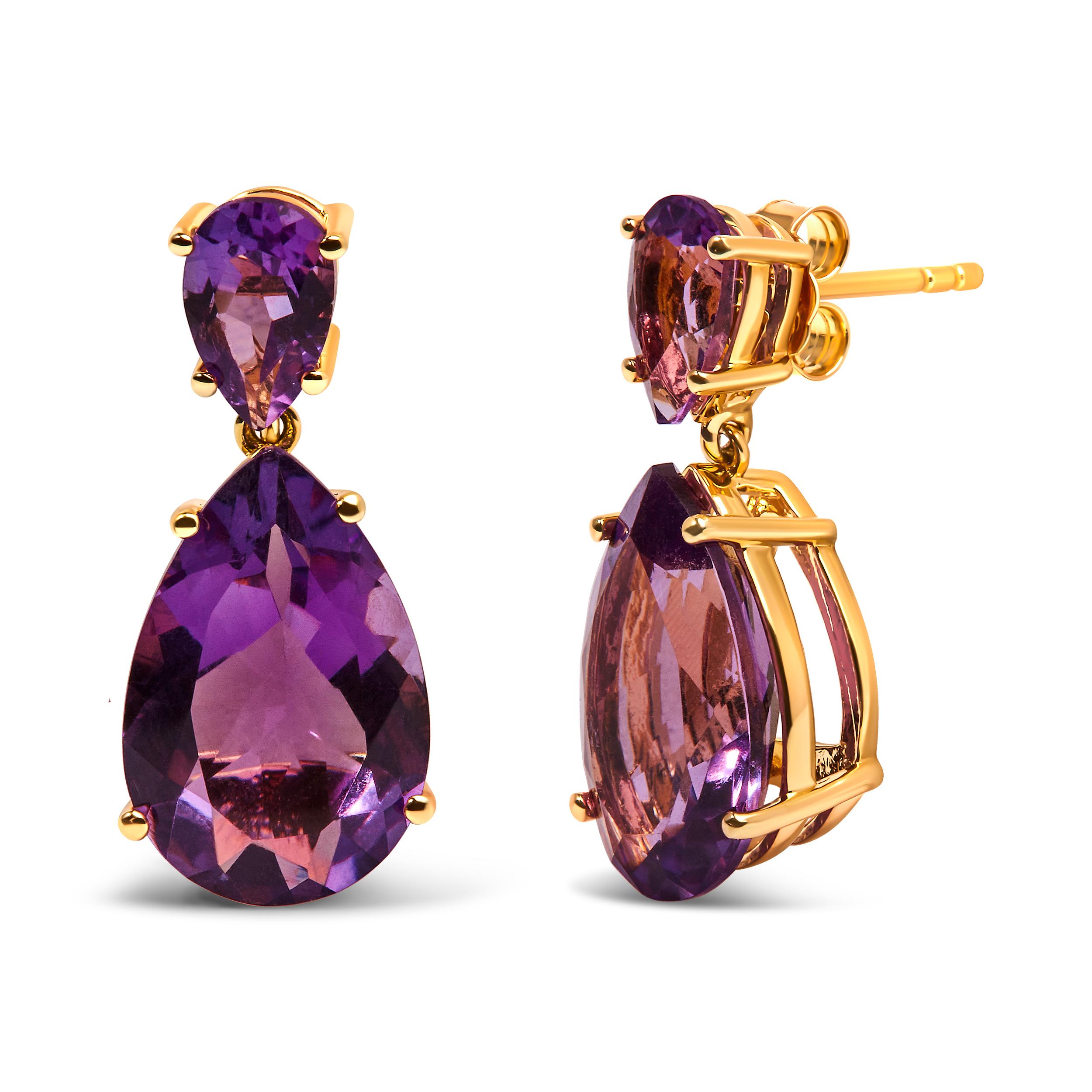 Introducing a celestial masterpiece that will leave you mesmerized - these 10K Yellow Gold Plated .925 Sterling Silver Dangle and Drop Earrings. Crafted with precision, these earrings feature a stunning pair of 4 pear-shaped Purple Brazilian