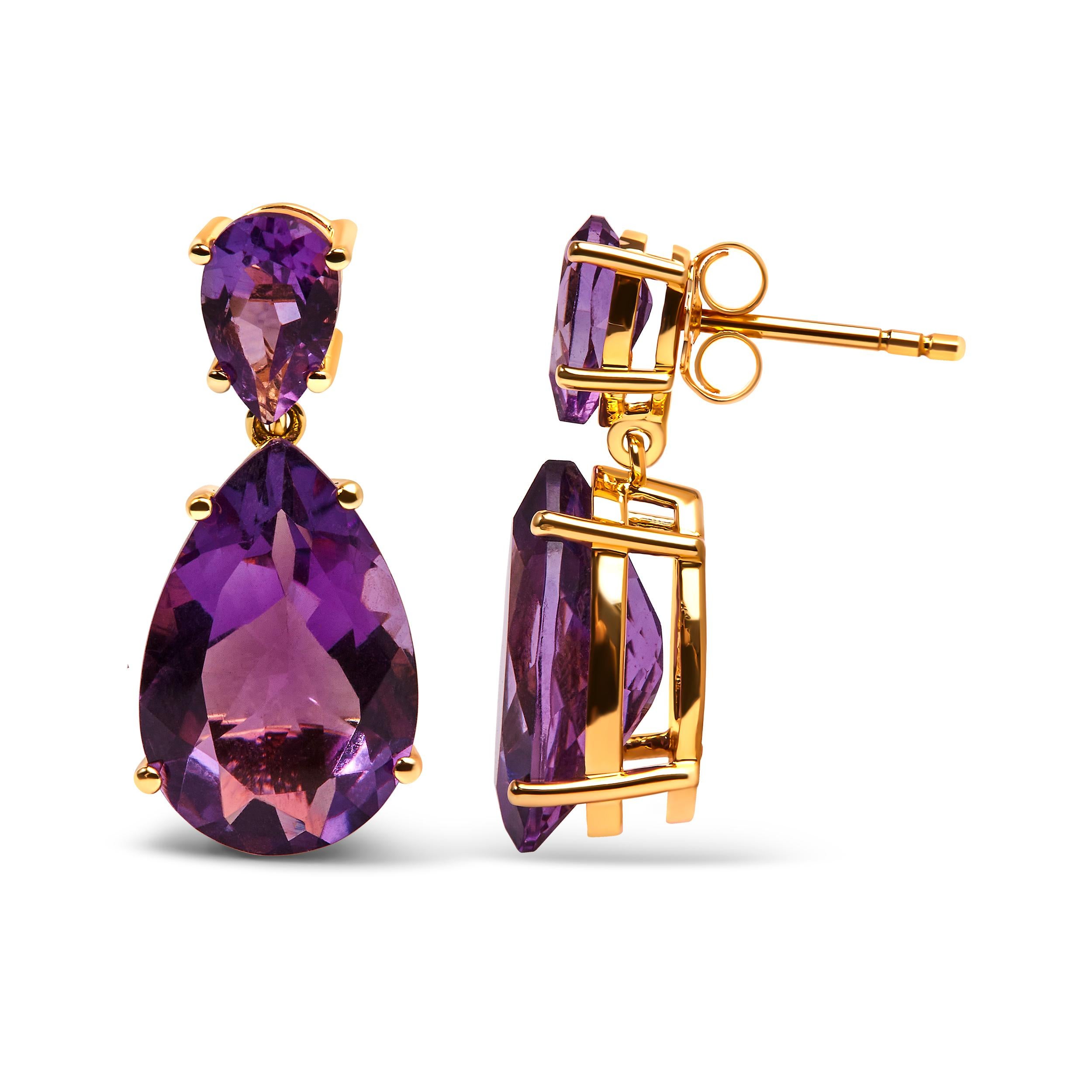 Contemporary 10K Yellow Gold Plated Sterling Silver 12 2/5 Ct Purple Amethyst Dangle Earring For Sale