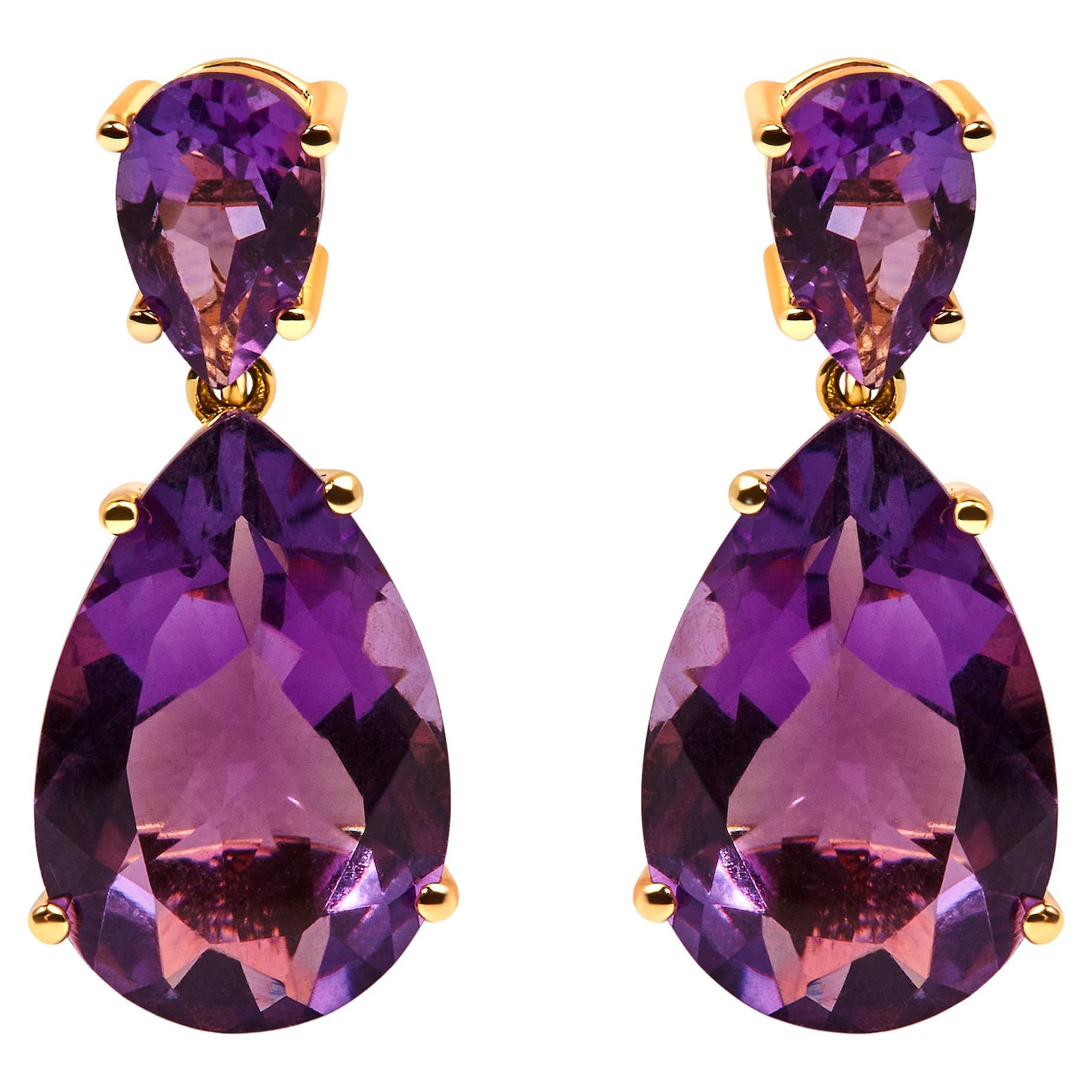 10K Yellow Gold Plated Sterling Silver 12 2/5 Ct Purple Amethyst Dangle Earring For Sale