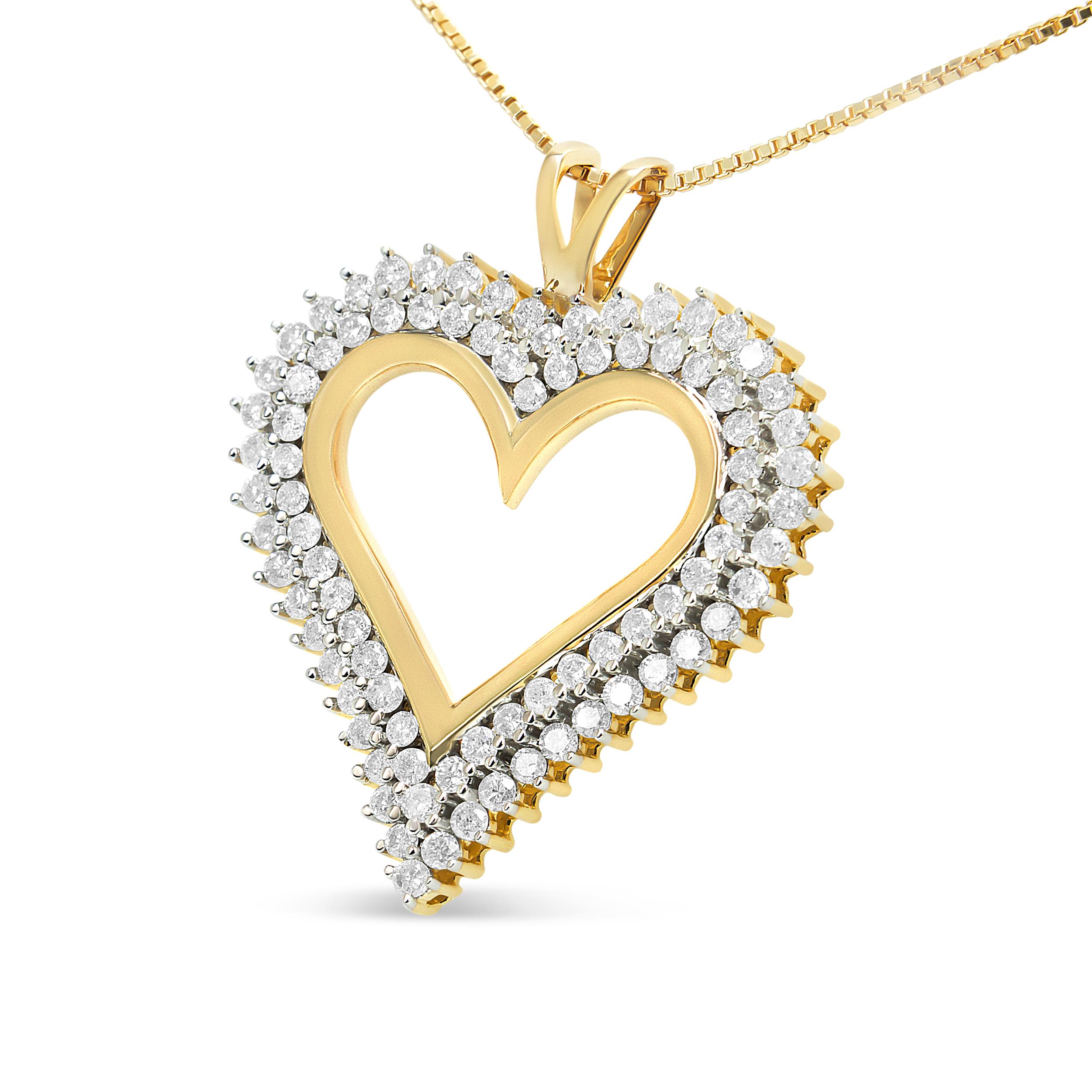Celebrate someone you love with this stunning diamond heart pendant. This diamond necklace features 2 rows of round diamonds prong set along the edge of this open heart shape crafted of stunning .925 sterling silver, with a matching box chain