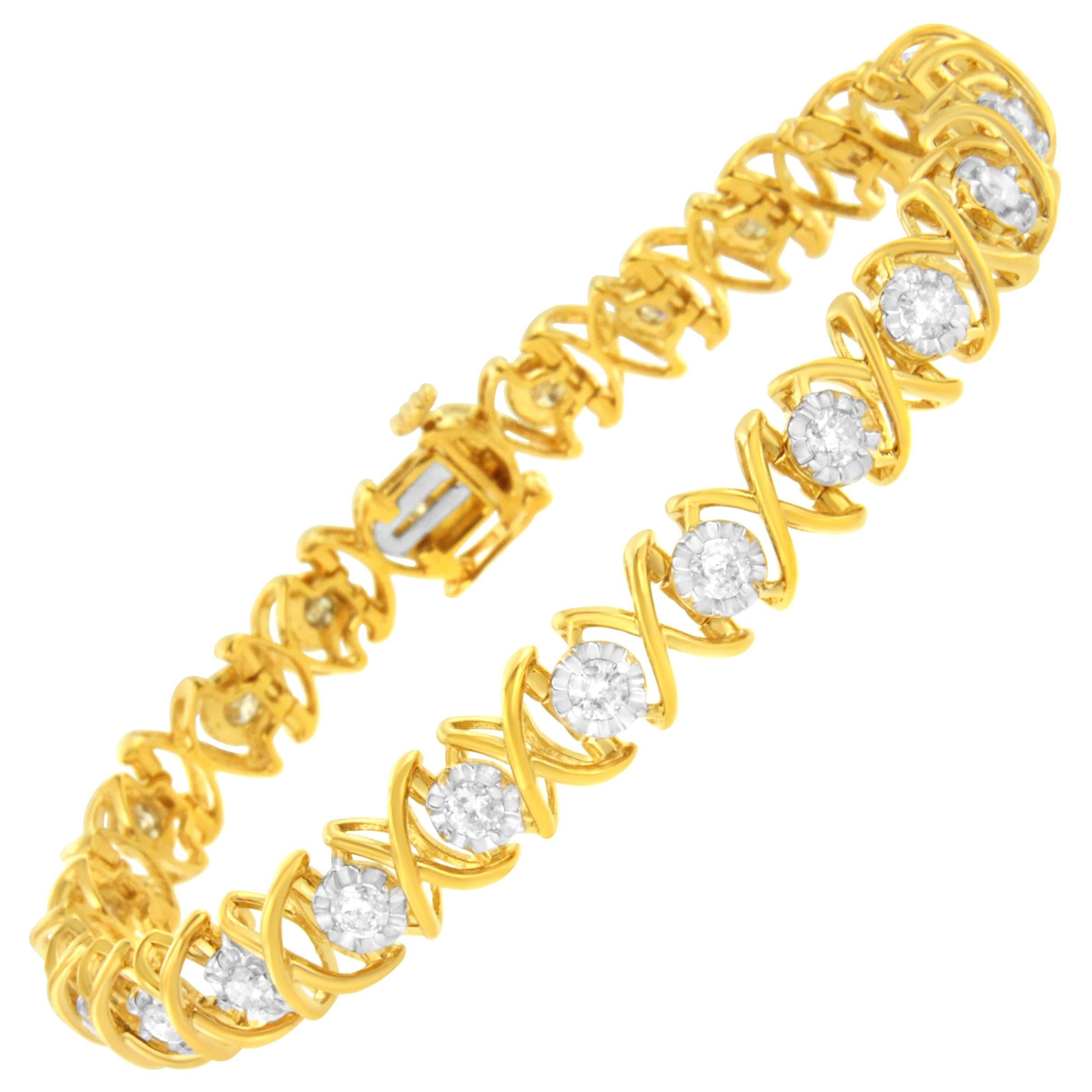10K Yellow Gold Plated Sterling Silver 2.00 Carat Diamond "XOXO" Link Bracelet For Sale
