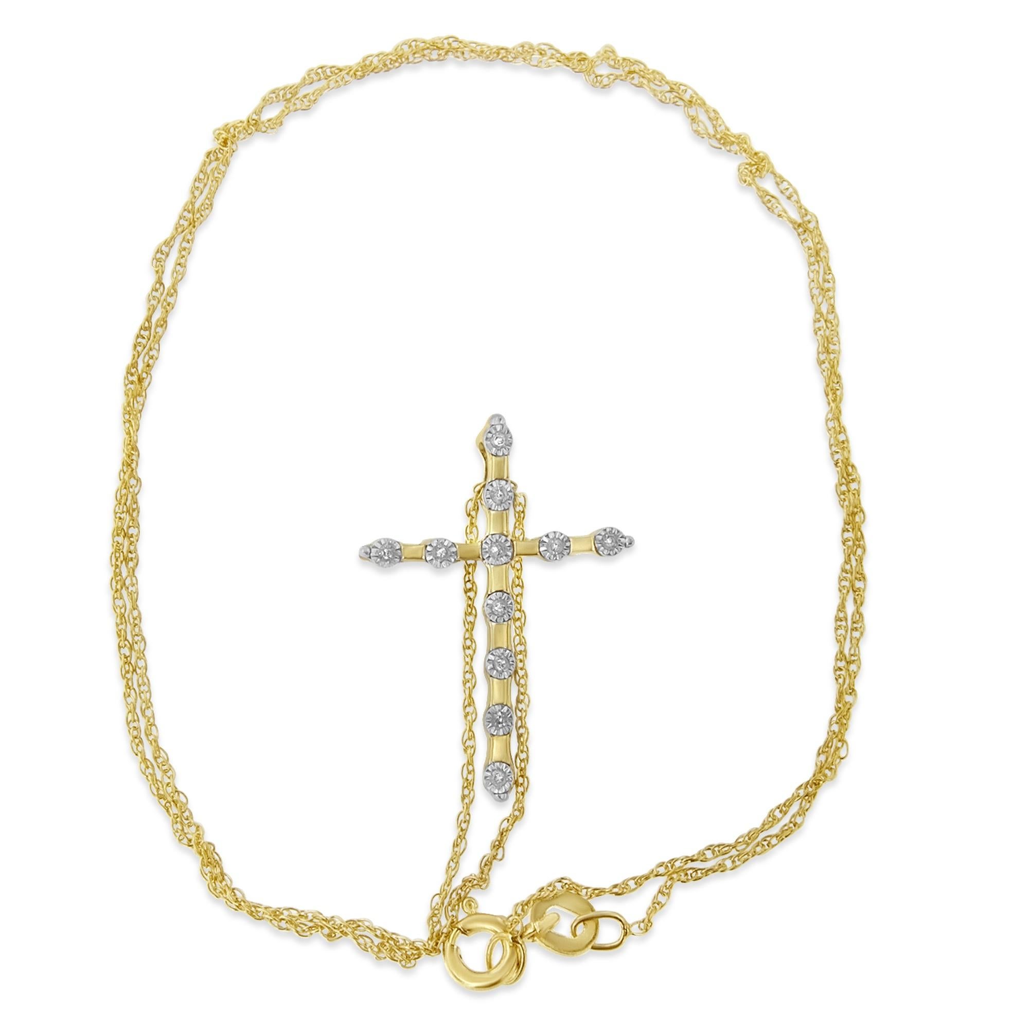 Embrace your inner faith with this beautifully created 10k yellow gold plated silver cross pendant. The silver is genuine .925 sterling silver for a lifetime of tarnish-free wear. The cross motif is embellished with evenly spaced out round-cut